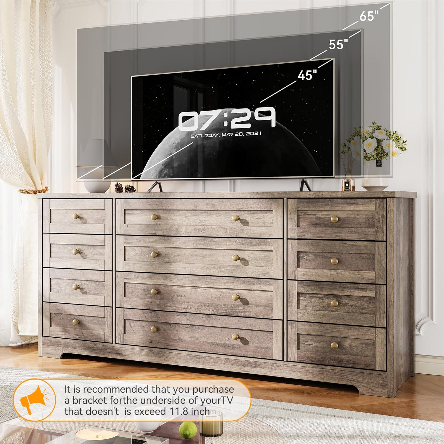 Garvee 12 Drawer Wooden Dressers for Bedroom, Grey Dresser for Adult Bedroom, Modern Wood Chest of Drawers for Living Room, Closet, Entryway, Hallway, Farmhouse Wide TV Stand for 65 Inch TV