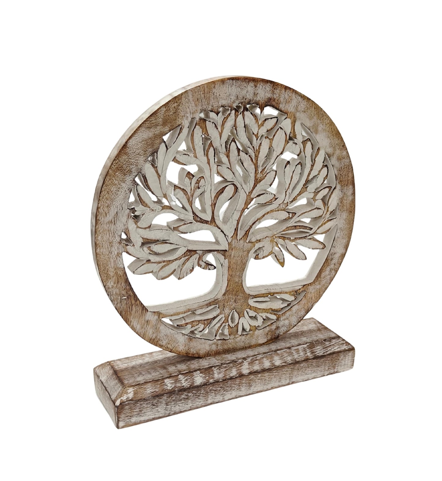 VANIYA CRAFTS® Wooden Tree of Life Table Sculpture – Handmade Carved Engraved Decor Statue for Living Room, Bedroom, Office, Shelf, or Cabinet (Antique White)