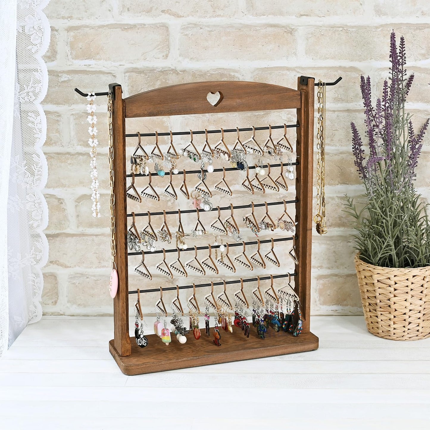 Ikee Design Wooden 120 pairs Earrings Display Stand, Jewelry Necklace Display Rack, Jewelry Organizer with 60 Mini Hangers and 2 Removable Hooks, Brown Color, 12.2W x 4.7D x 16.3H in