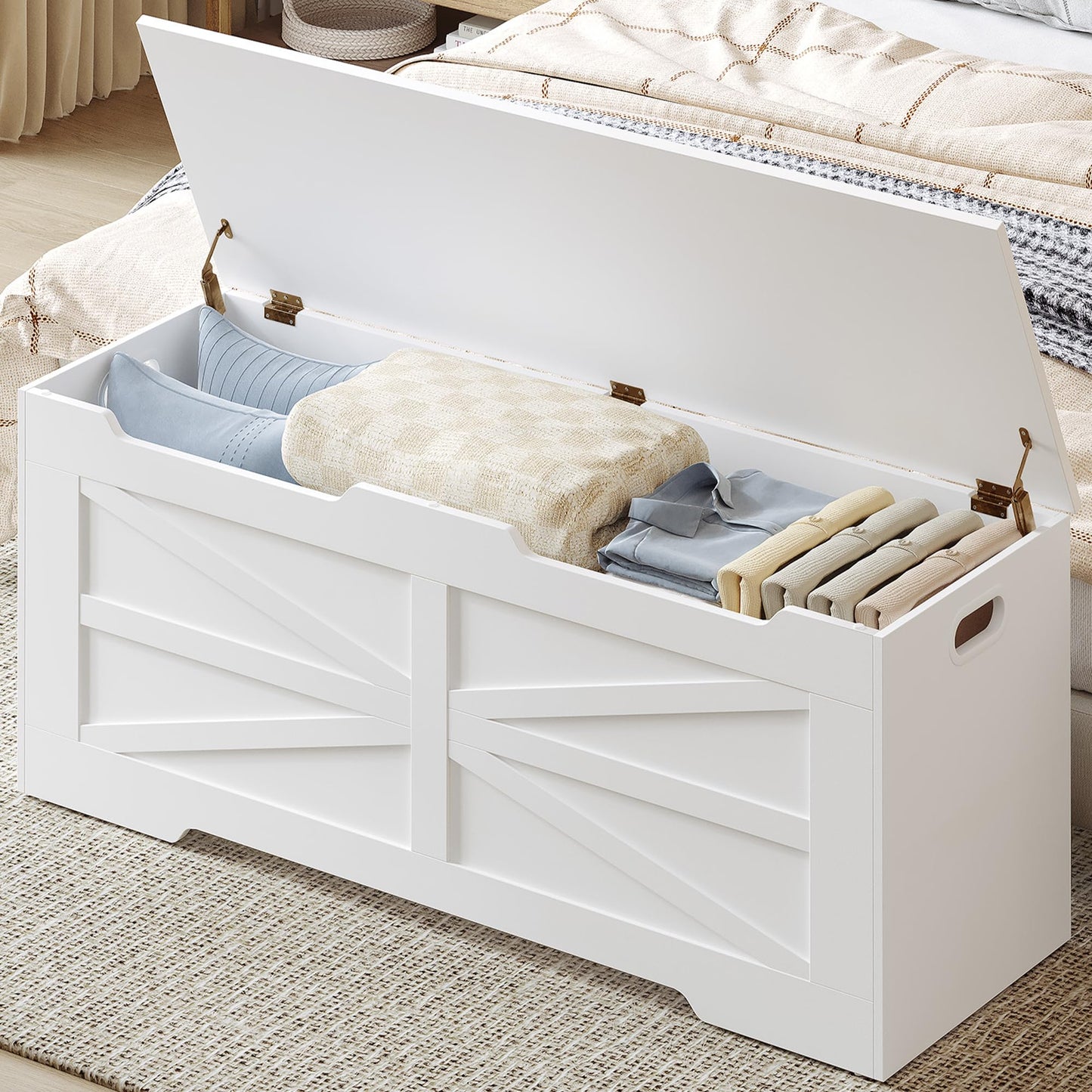 Hzuaneri 47.2" Storage Chest, Extra Large Storage Trunk with 2 Hinges, Wooden Box Bench, Lift-Top Organizer Chest, Shoe Bench for Entryway, Bedroom, Living Room, White SB13403X