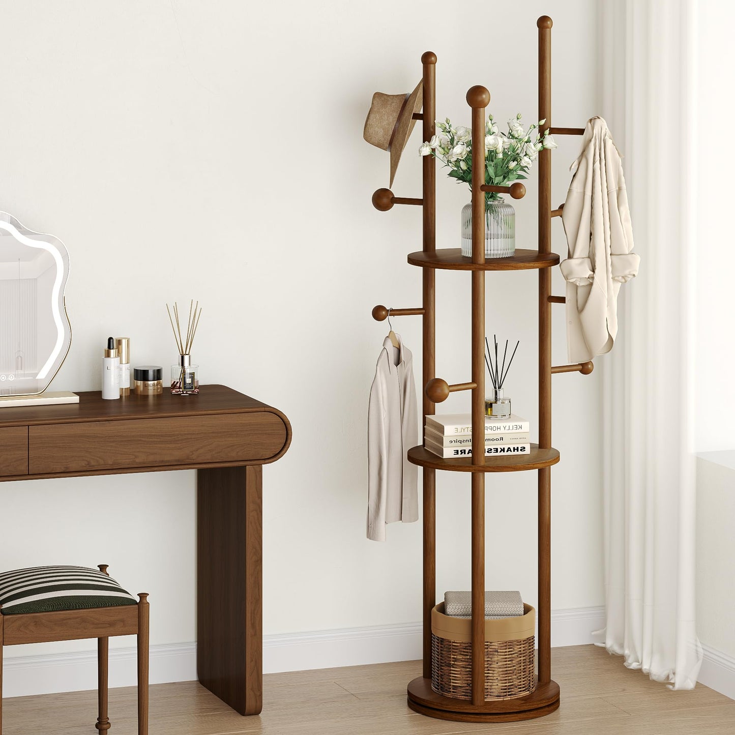 FROMJBEST Solid Wood Coat Rack Freestanding Rotating Clothes Rack with 9 Hooks & 3 Storage Shelves for Purse, Bag, Hat, Coat Hanger Stand for Entryway, Hallway, Office, Mid-Centry, Walnut