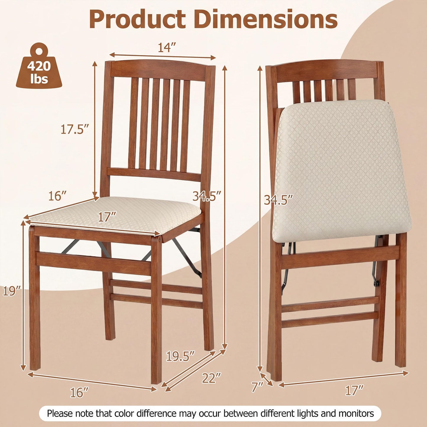 COSTWAY Folding Dining Chairs Set of 2, Wooden Kitchen Side Chairs w/Padded Seat, Solid Wood Frame, 420 LBS Load Bearing, No Assembly Needed, Vintage Foldable Chairs for Dining Room, Living Room
