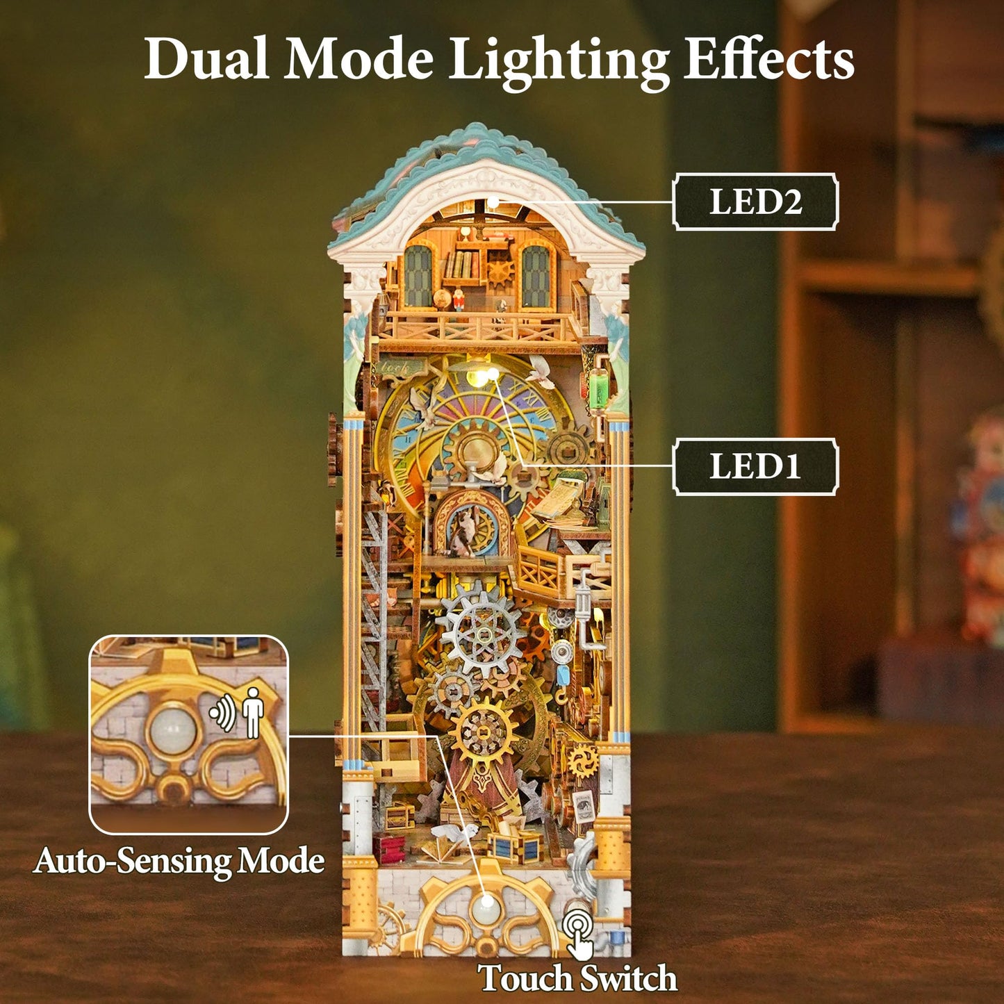 Tonecheer DIY Book Nook Kit for Adults, 3D Wooden Puzzle Bookend Miniature House Kit, Booknook Bookshelf Insert Decor with Dust Cover and LED Lights Gifts (Clock Tower)