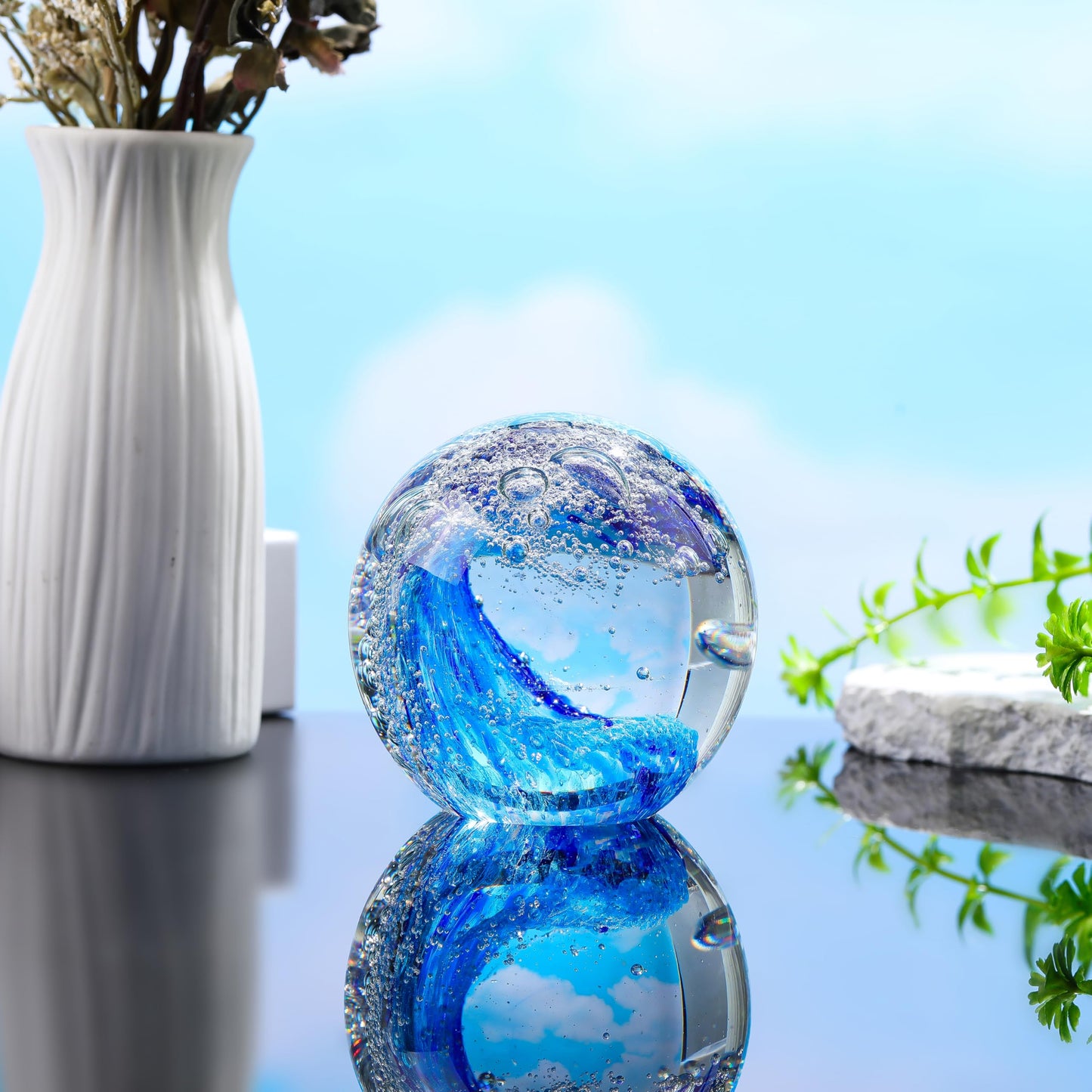 Qianwei Hand Blown Ocean Waves Crystal Ball - Glass Collectible Figurines Spere - Paperweight Glass Ball Aquarium DecorOffice Decor Ocean Lovers
