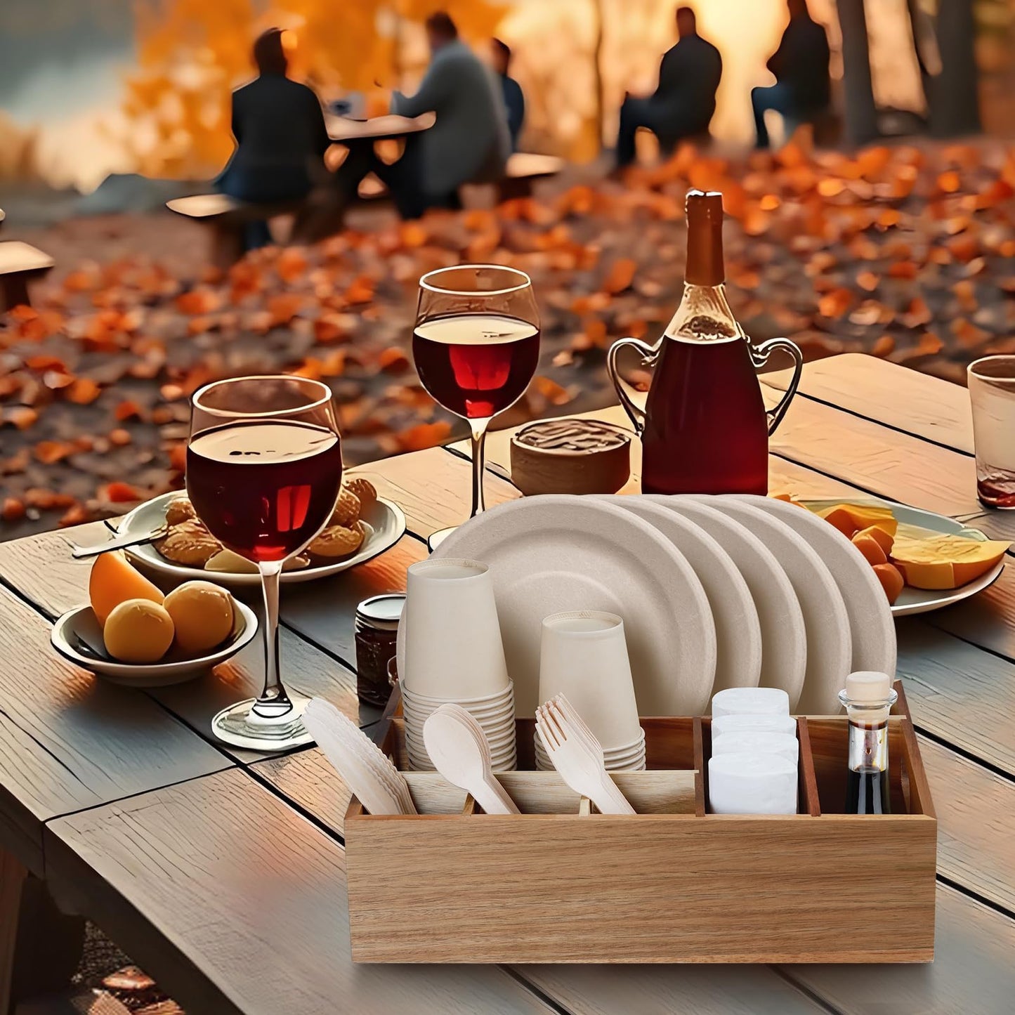 BOTOP Acacia Wood Utensil Holder for Party, Paper Plate Organizer Silverware Caddy with 6 Compartments for Plate, Cup, Fork, Spoon, Cutlery Holder Countertop for Kitchen Camping Buffet