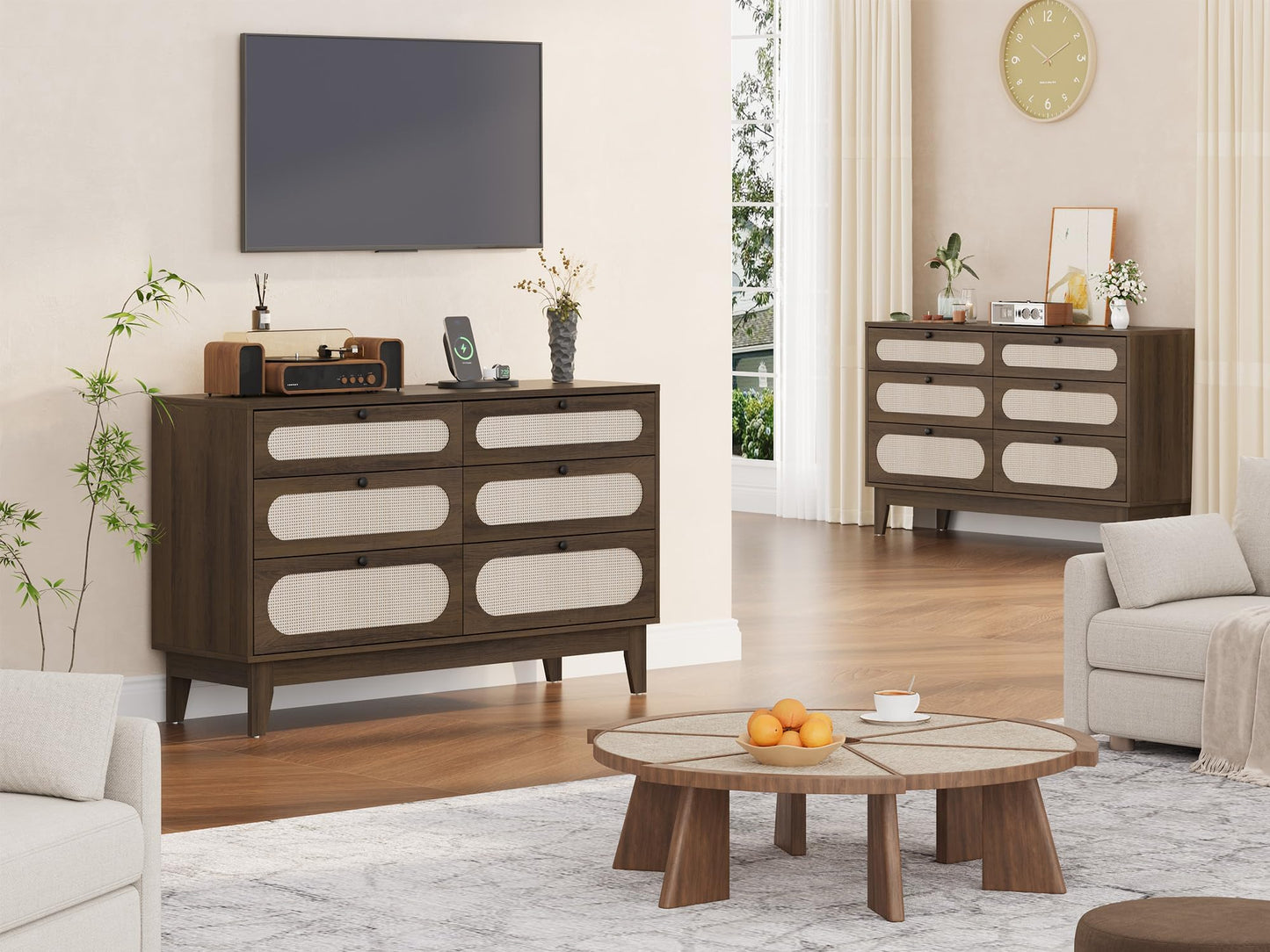 GarveeLife Rattan 6-Drawer Storage Dresser with USB Ports and Power Outlets, Wooden Chest for Bedroom and Living Room, Natural Oak Finish