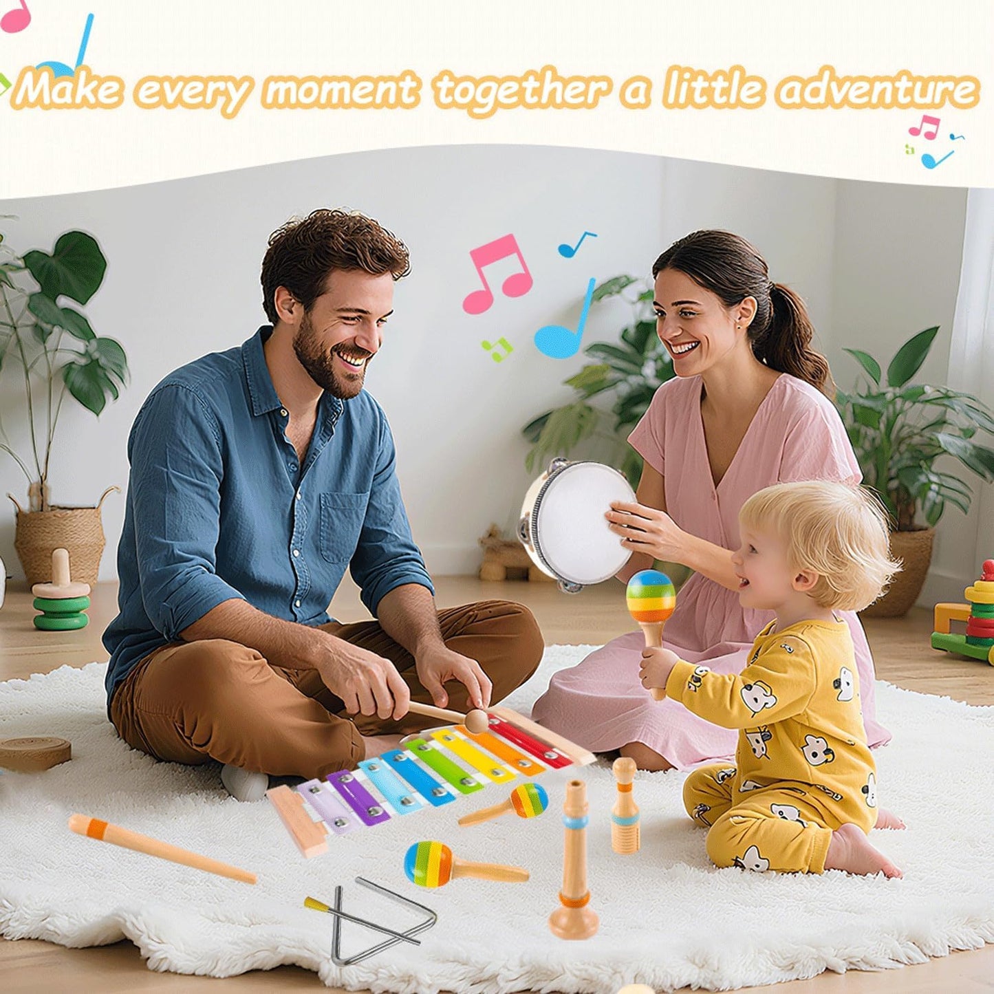 Montessori Wooden Musical Instruments for Toddlers, Educational Baby Drum Set with Xylophone & Maracas and More, Music Toys for Toddler Preschool