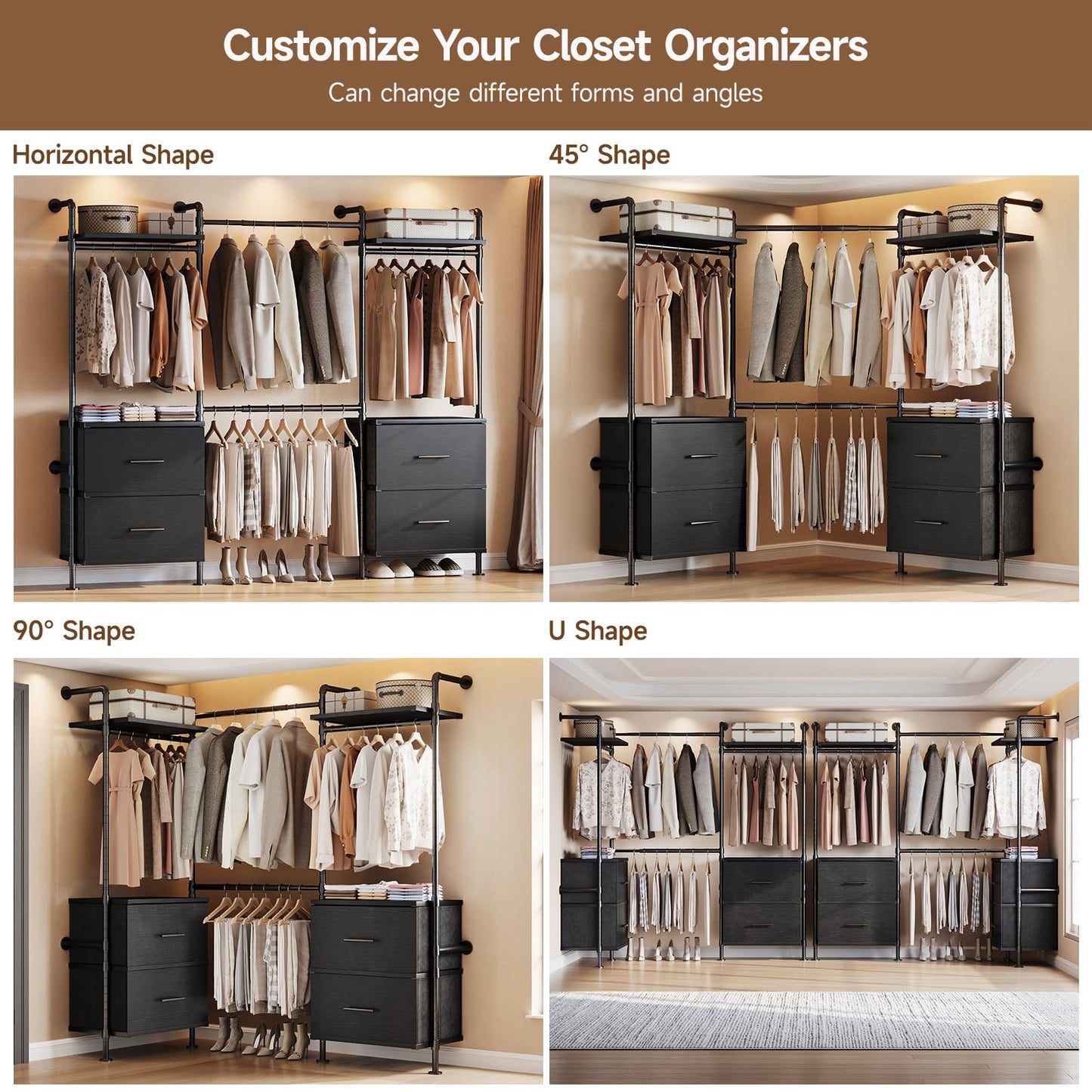 ONBRILL T4 Wall Mounted Closet System, Industrial Pipe Clothing Rack with 8 Wooden Shelves, 4 Drawers & 4 Hanging Rods (2 Expandable), Modular Heavy Duty Closet Organizers and Storage System (Black)
