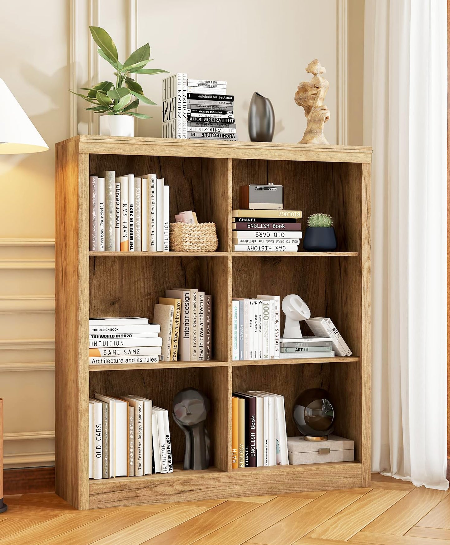 6-Cube Storage Organizer Bookshelf, Farmhouse Wooden Bookcase with Open Shelves, Horizontal Standing Display Cabinet for Home Office, Living Room and Bedroom