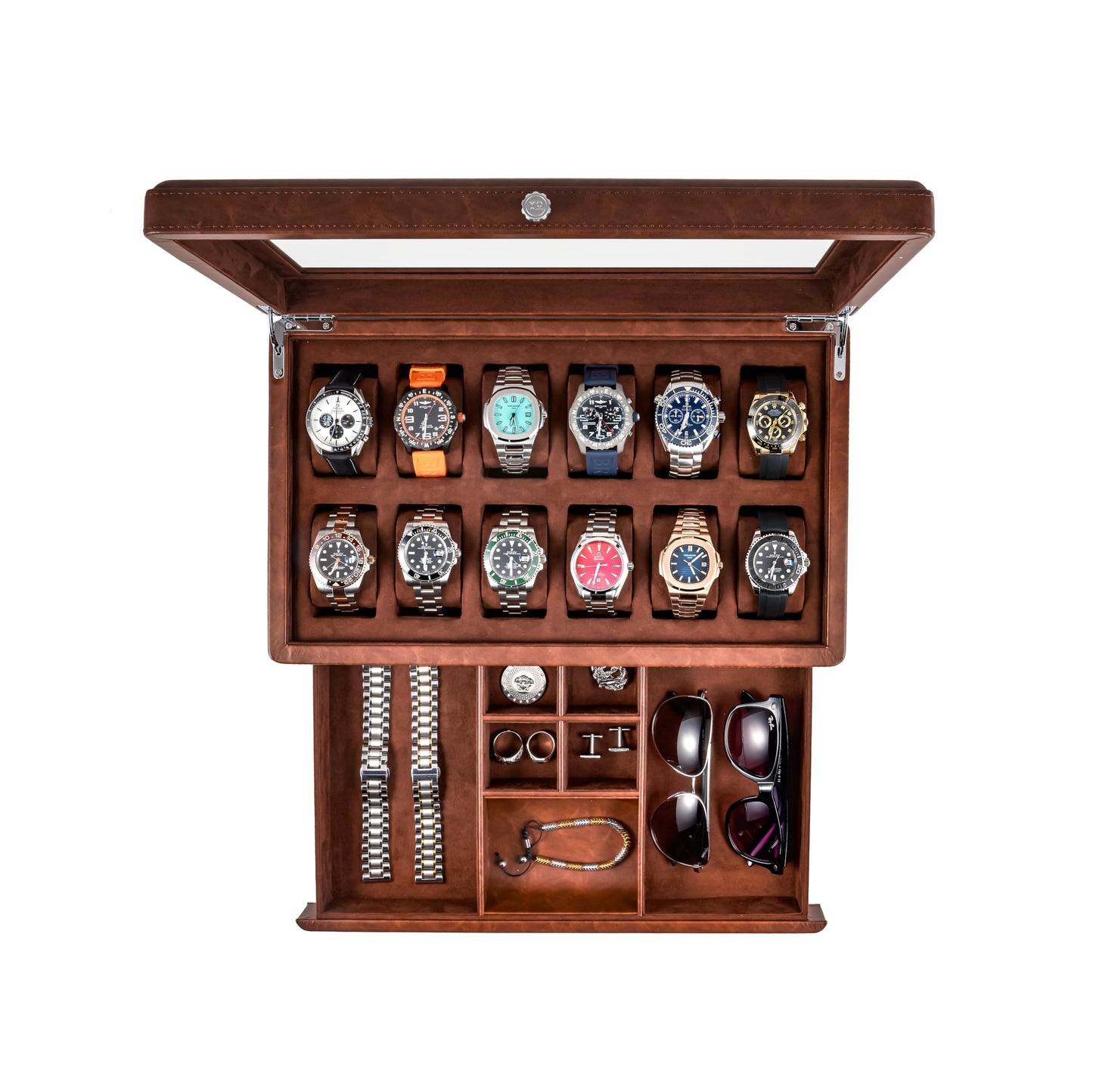 Awesometik 12 Slot LUXURY Faux Leather Watch Box Organizer. Real Glass Top. Watch Display & Watch Holder for Men. Watch Collection, Protection. For Men Ready to Gift (12 Slot Watch Box with Drawer)