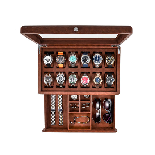 Awesometik 12 Slot LUXURY Faux Leather Watch Box Organizer. Real Glass Top. Watch Display & Watch Holder for Men. Watch Collection, Protection. For Men Ready to Gift (12 Slot Watch Box with Drawer)