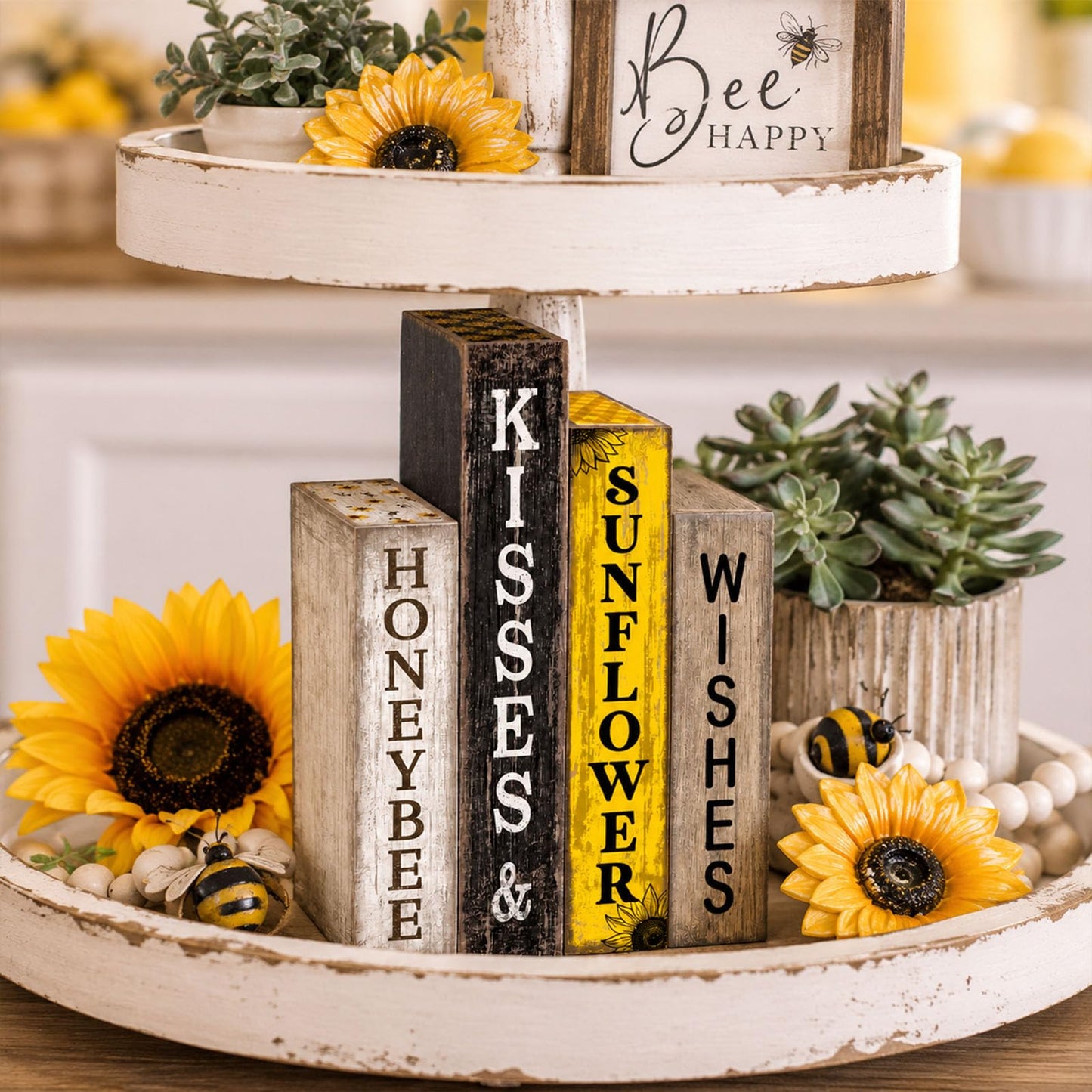 Lineshading 4 Pcs Summer Table Decoration Wooden Book Sunflower Decoration Yellow and Black Summer Tiered Tray Decor Wood Book Stack Farmhouse for Home Shelf Coffee Table
