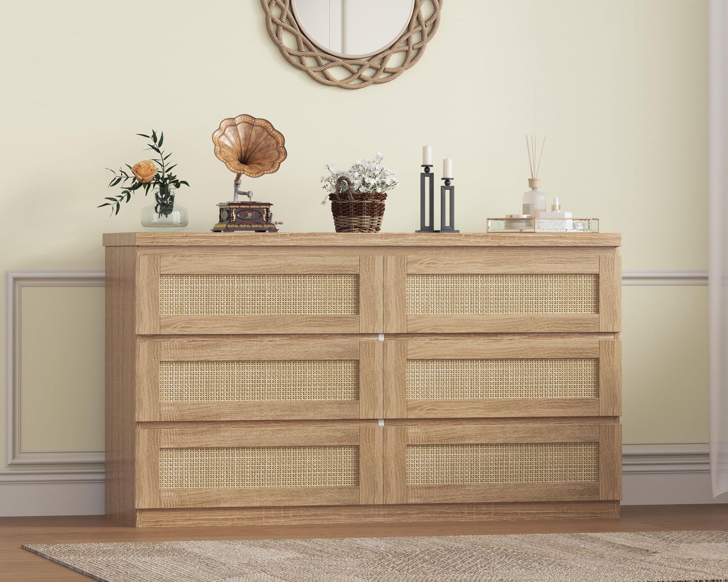 GarveeHome Rattan Dresser for Bedroom, Modern 6 Drawer Double Dresser for Bedroom, Wide Wood Chest of Drawers for Bedroom, Living Room, Hallway, Natural