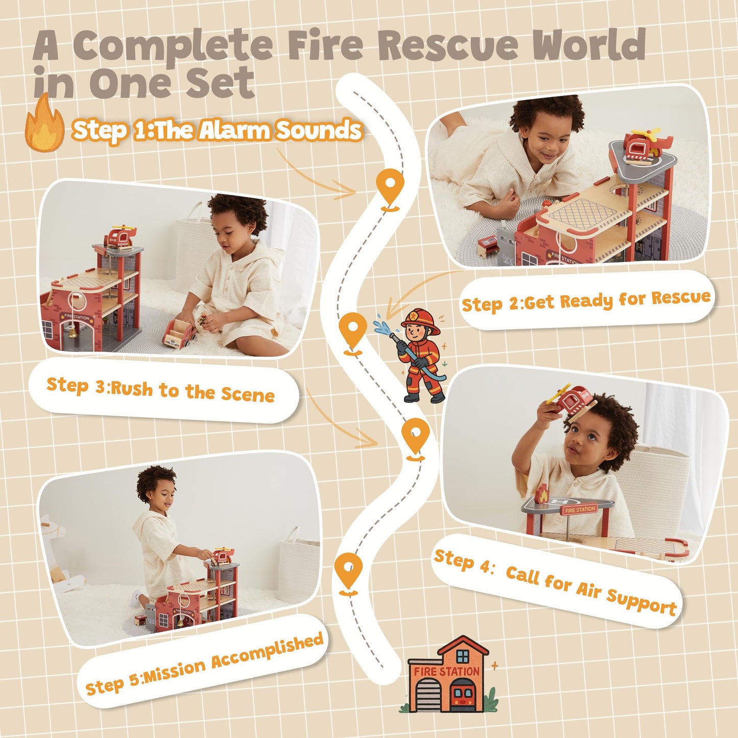 Freniland Wooden Fire Station Playset, 4-Level Pretend Play Firehouse with Fire Truck, Helicopter, Figures & Accessories, Educational Role Play Toy for Toddlers Kids Age 3+