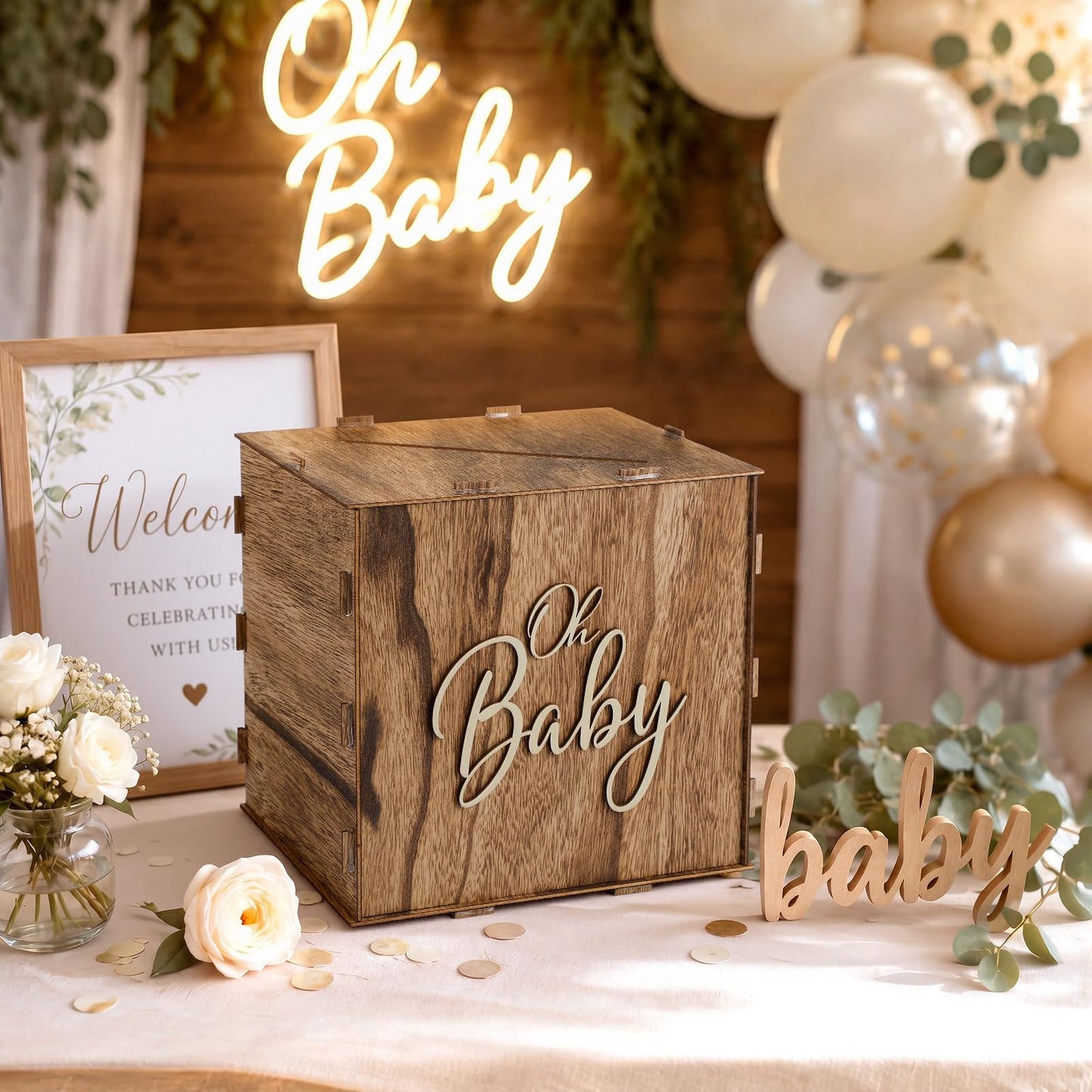 Bucherry Rustic Wooden Baby Shower Card Box Favors, 8.7 x 8.7 x 8.7 Inch Receiving Money Holder Card Box with Slot for Baby Showers, Birthday Party Table Centerpiece Decorations