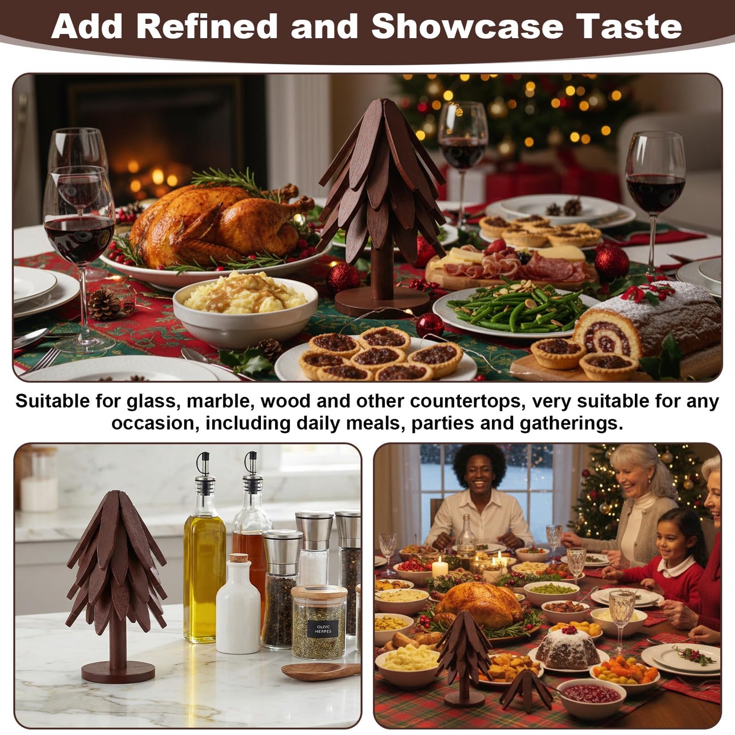 PercyEffie 10 Wooden Trivets for Hot Dishes 2 Set Christmas Tree Shape Trivet Set Natural Foldable 10 Wooden Tree Trivets + 2 Stand Stored Trees Coaster for Kitchen Table Hot Dishes Pot Bowl Teapot