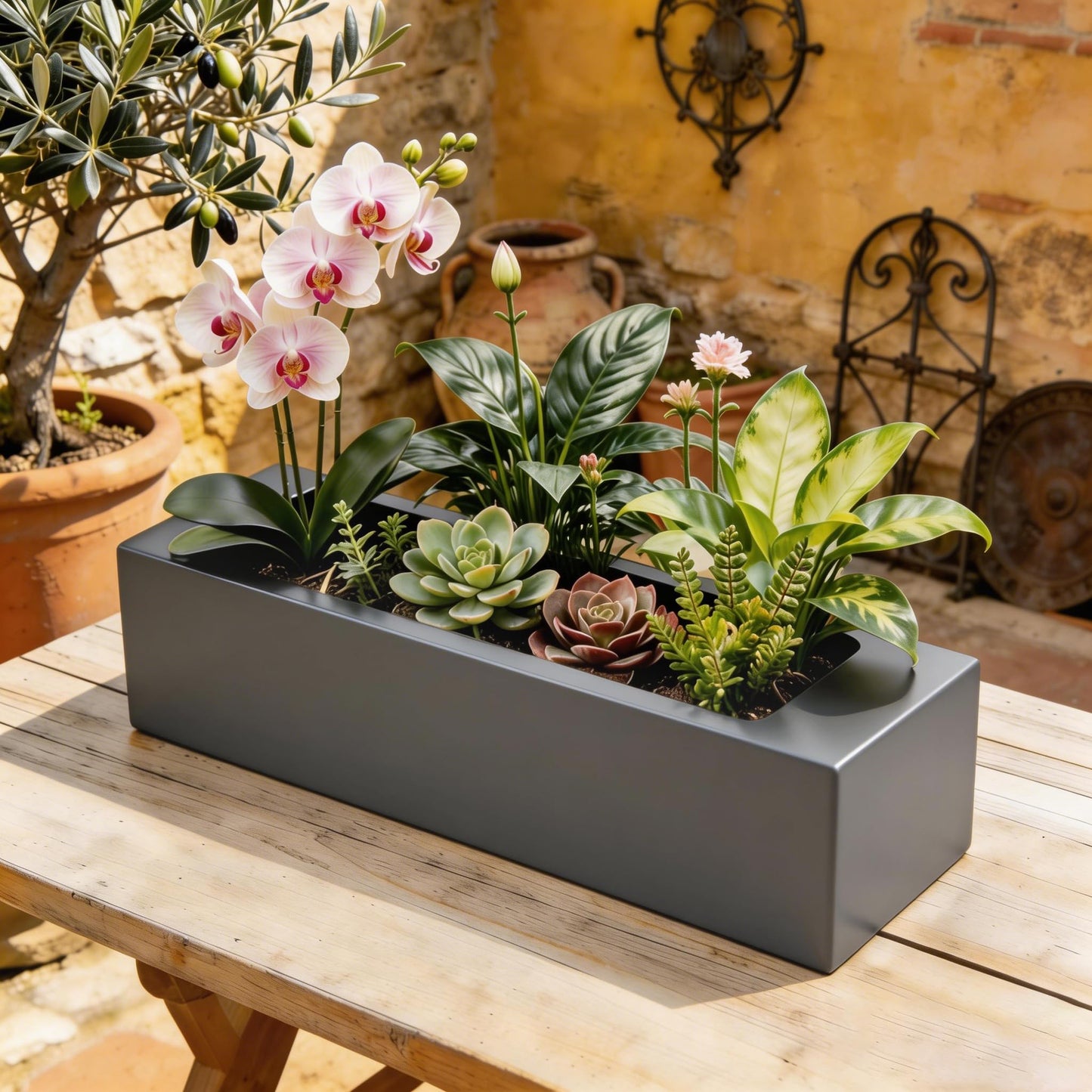 XIKENGSHQ Sleek Oblong Faux Succulent Arrangement – Rectangular Planter for Indoor/Outdoor – Lightweight, Shatterproof – Modern Greenery Décor to Elevate Home & Garden Surfaces (Excludes Plants) Gray