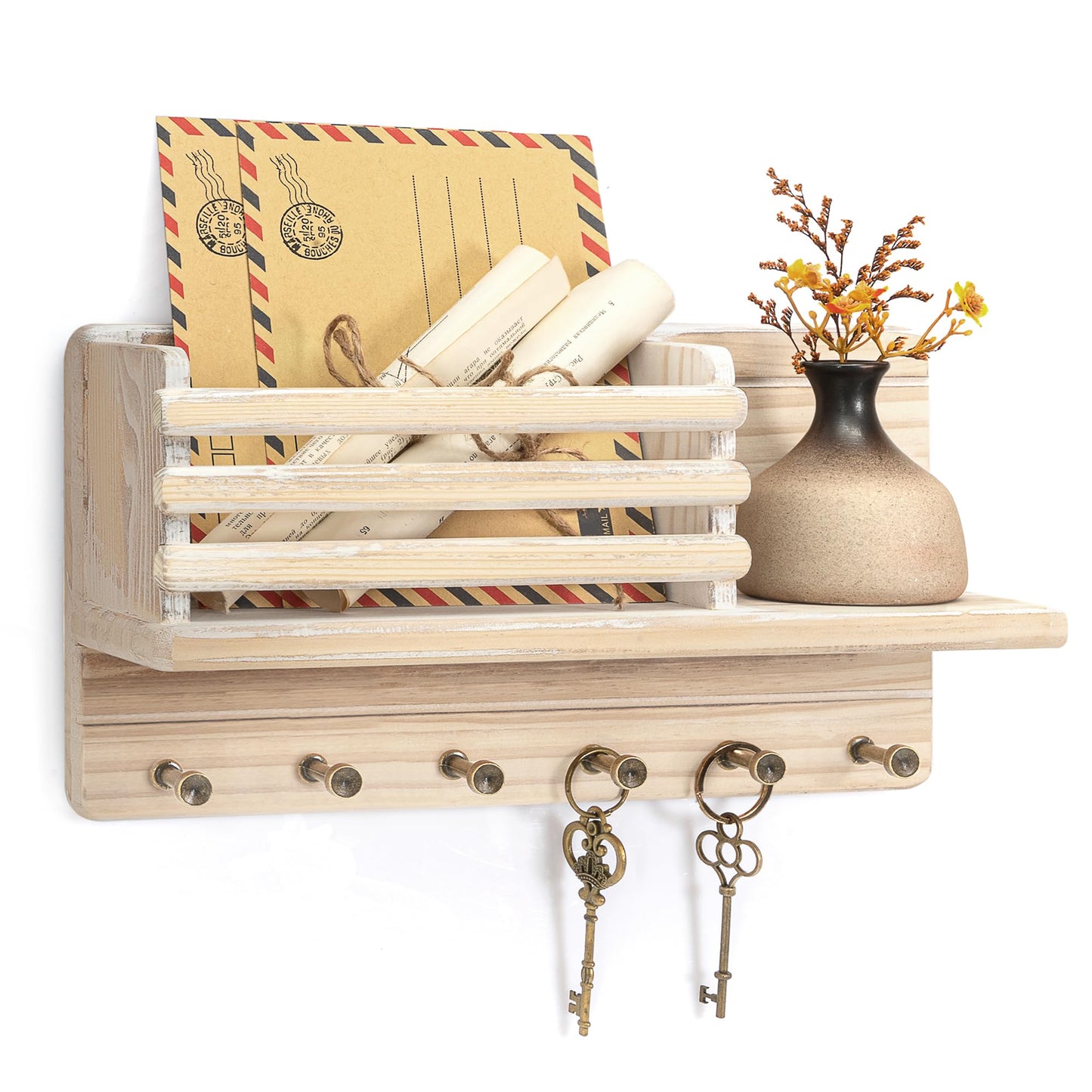 Rebee Vision Farmhouse Pine Wood Key Holder Wall Mount - Key Holder for Wall with Wooden Shelf & 6 Hooks - Mail Holder for Rustic Decor to Home, Bedroom, or Apartment (Natural Wood)
