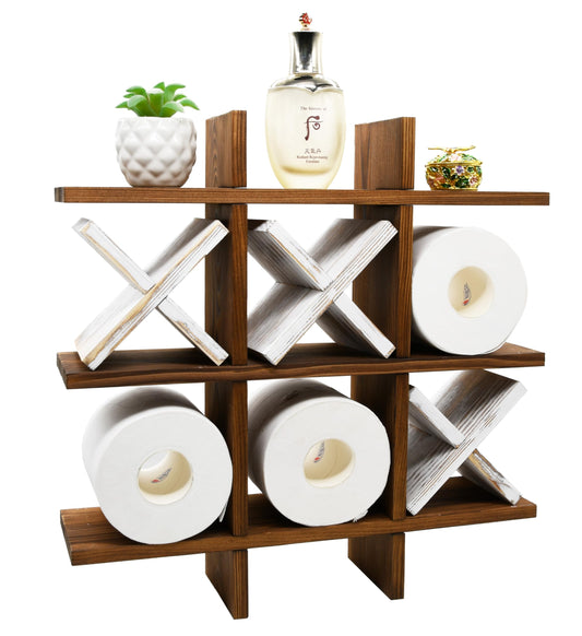 Owlgift Tic Tac Toe Toilet Paper Holder Rack Rustic Burnt Wooden Toilet Paper Storage Bathroom Hanging Storage Wall Mounted Shelves Décor for Toilet Tissue Farmhouse