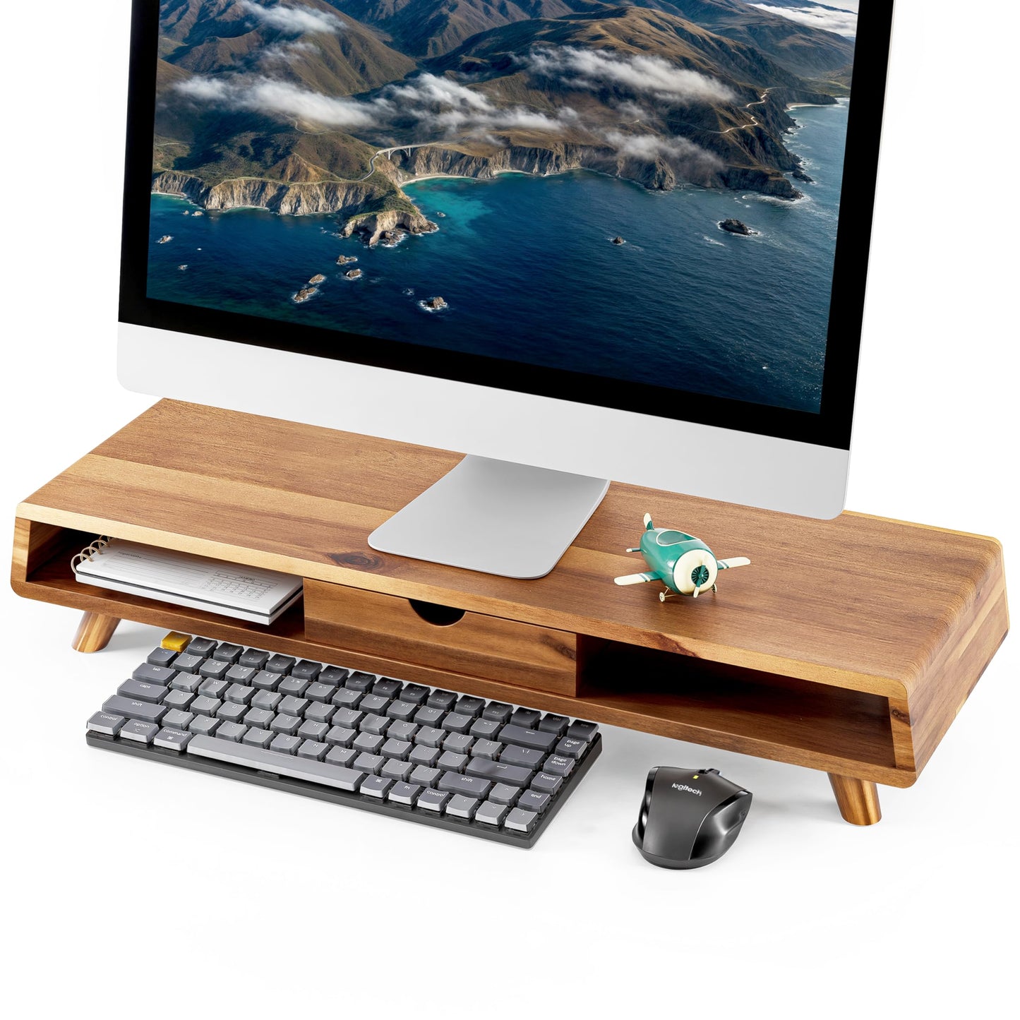 TINAMO Acacia Wood Monitor Stand with Drawer - Wooden Monitor Riser for Desk - Computer Monitor Stand for Desk - Multi-Purpose Desktop Storage Stand for Computer; Laptop; Printer; TV - 24.4 " x 8" x 5" (Patented)