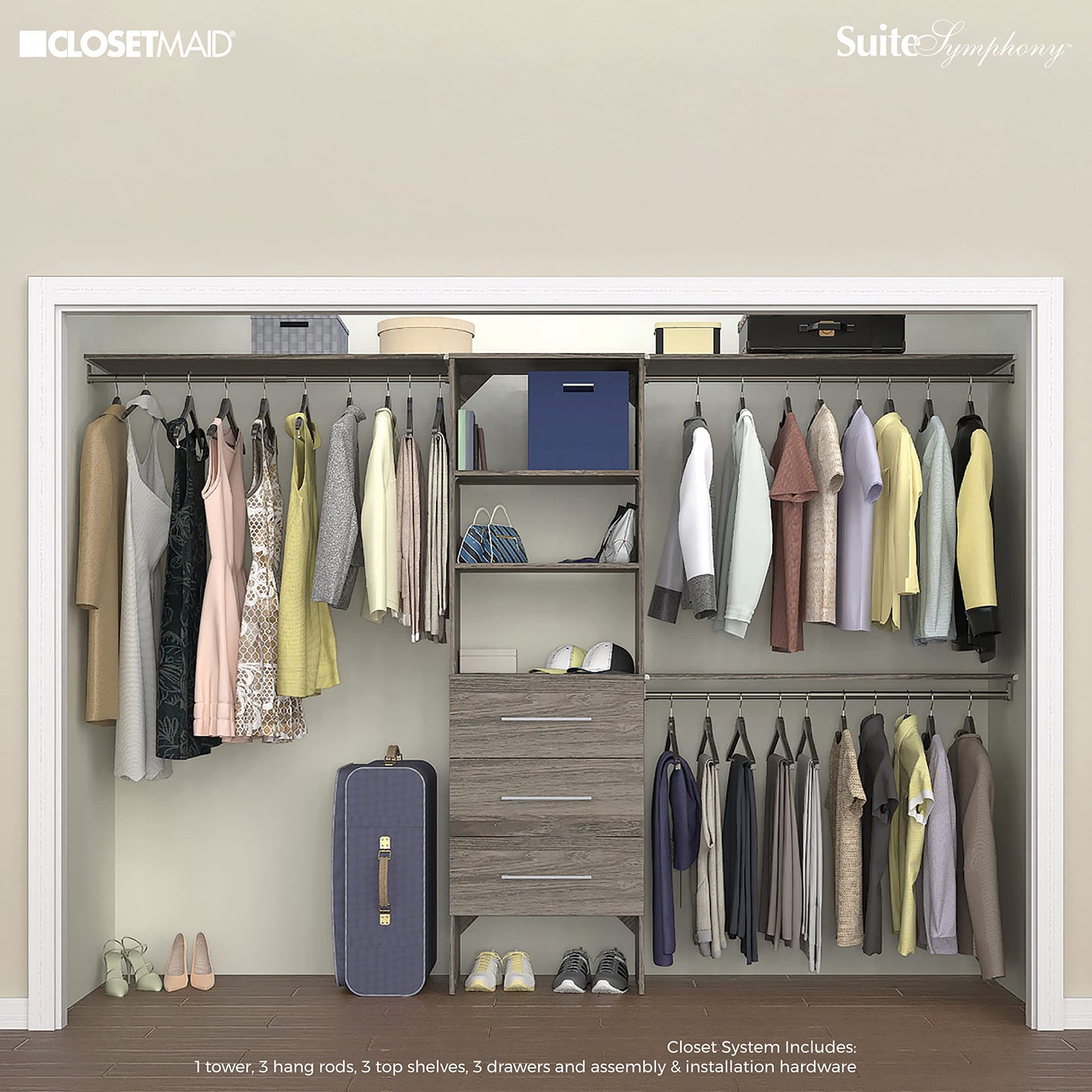 ClosetMaid SuiteSymphony Wood Closet Organizer Kit with Tower, 3 Hang Rods, Top Shelves, 3 Drawers, Modern, Fits Spaces 7 - 10 ft. Wide, Graphite Grey