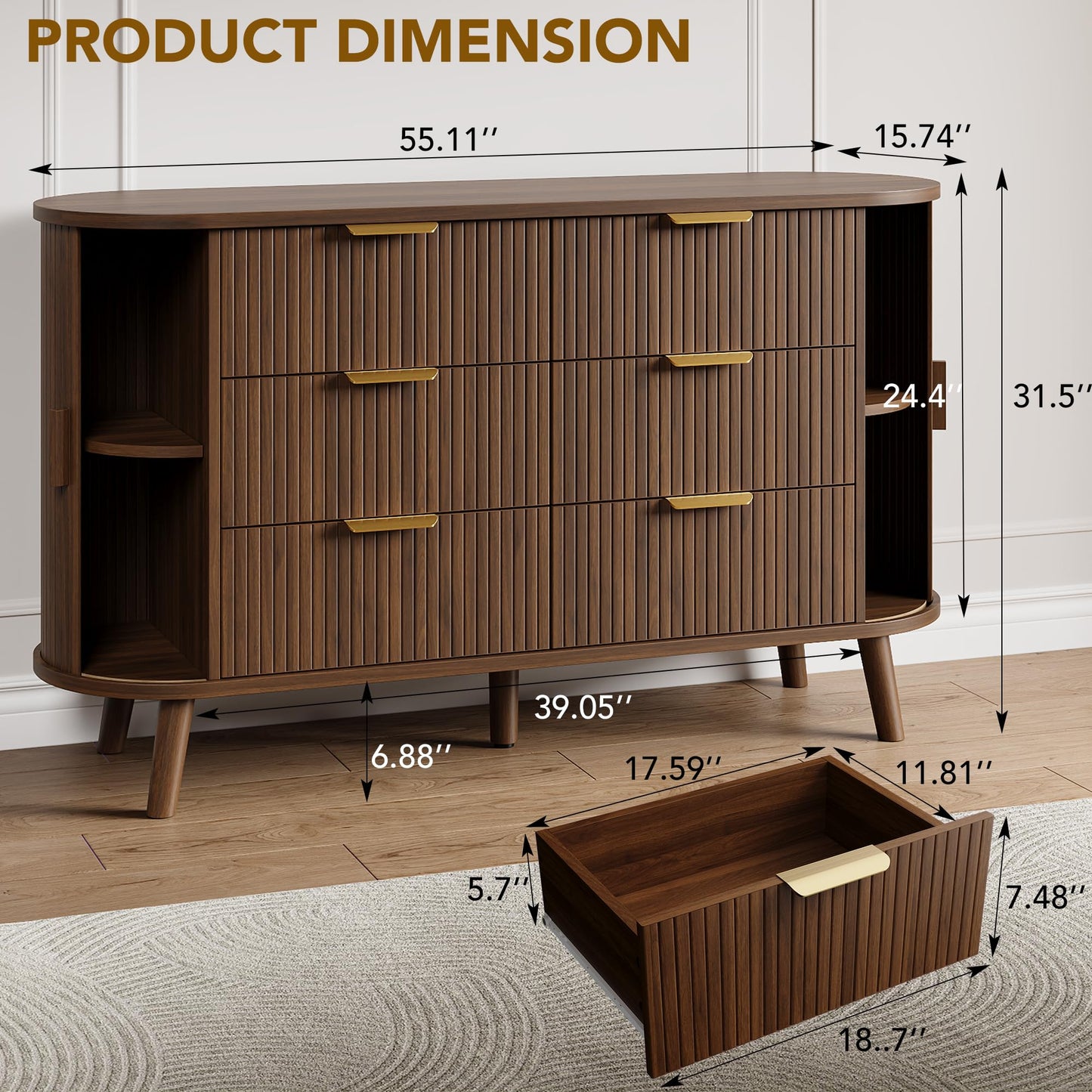 Decofy Fluted 6 Drawers Dresser, 55'' Wide Mid Century Modern Chest of Drawers with Sliding Door & Metal Handles, Curved Profile & Sturdy Legs, Wood TV Stand for Bedroom, Living Room (Walnut)