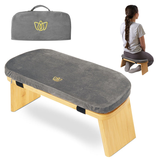Florensi Folding Bamboo Kneeling Meditation Chair - 18 x 7 x 6 in, Grey, Portable Kneel-On Bench, Foldable Bench for Prayers, Stable Meditation Support & Anti-Slip Feet
