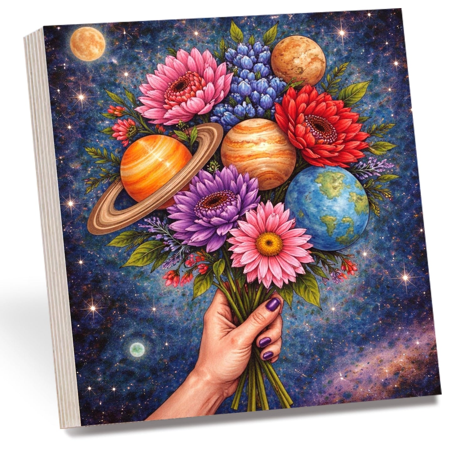 Cosmic Floral Wooden Block Sign, Celestial Flower Bouquet Decor, Galaxy Planet Art Shelf Sitter, Boho Space Table Mantel Tiered Tray Decor Gift for Astronomy Lover