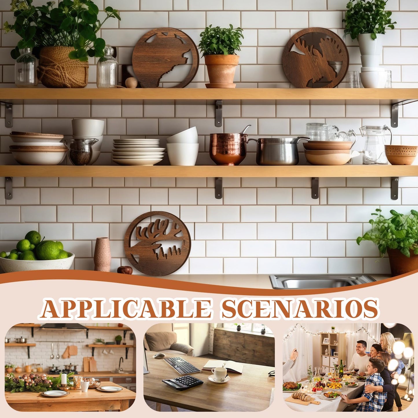 Beeveer 3 Pcs Bear Deer Moose Trivets for Hot Dishes, Wooden Decorative Trivets Cabin Theme Pot Holders Heat Resistant Hot Pad Rustic Lodge Kitchen Home Decorations, 7.9 Inch