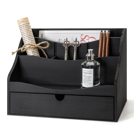 Rebee Vision Pine Wooden Mail Organizer for Desk - Farmhouse Mail Sorter Countertop Organizer for Office Desk & Home Decor - Letter Holder with Drawer for Store Jewelry (Black)