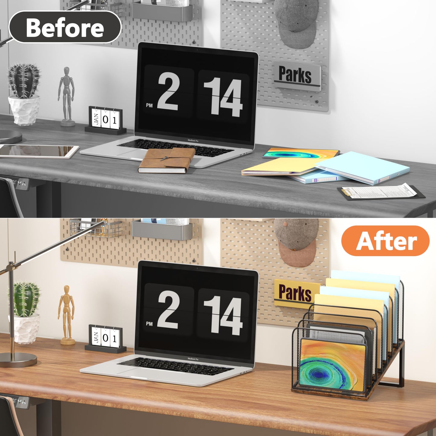 Piskyet Wooden Desk File Organizer, 7-Section Vertical File Folder Holder Stand,Metal Mail Paper Chromebook Organizer for Teacher Desk Office Classroom Desktop Organization（Inclined）