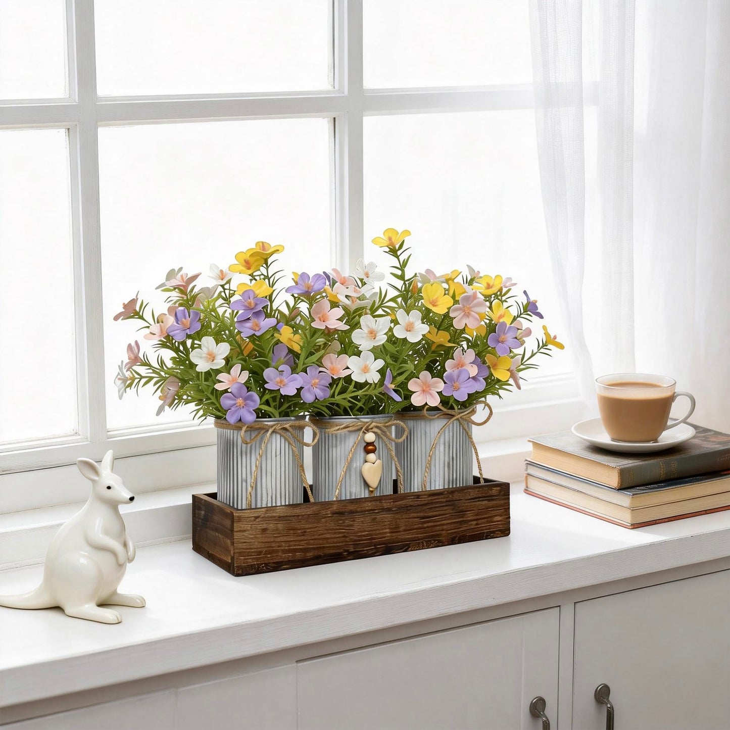HEMYLU Artificial Gypsophila Baby's Breath, Rustic Table Centerpieces Home Decor for Dining Room, Farmhouse Wood Planter Box with 3 Galvanized Metal Pots Decorative Table Centerpiece