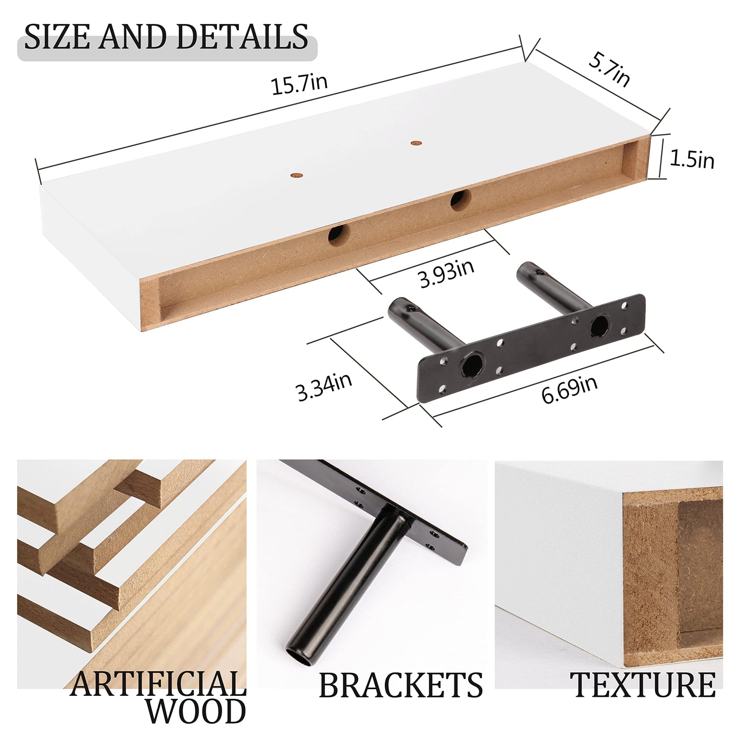 BAMEOS Floating Shelves, White Wall Mounted Wooden Shelves with Invisible Brackets Set of 2, Hanging Wall Shelves Decoration for Bedroom, Bathroom, Living Room and Kitchen