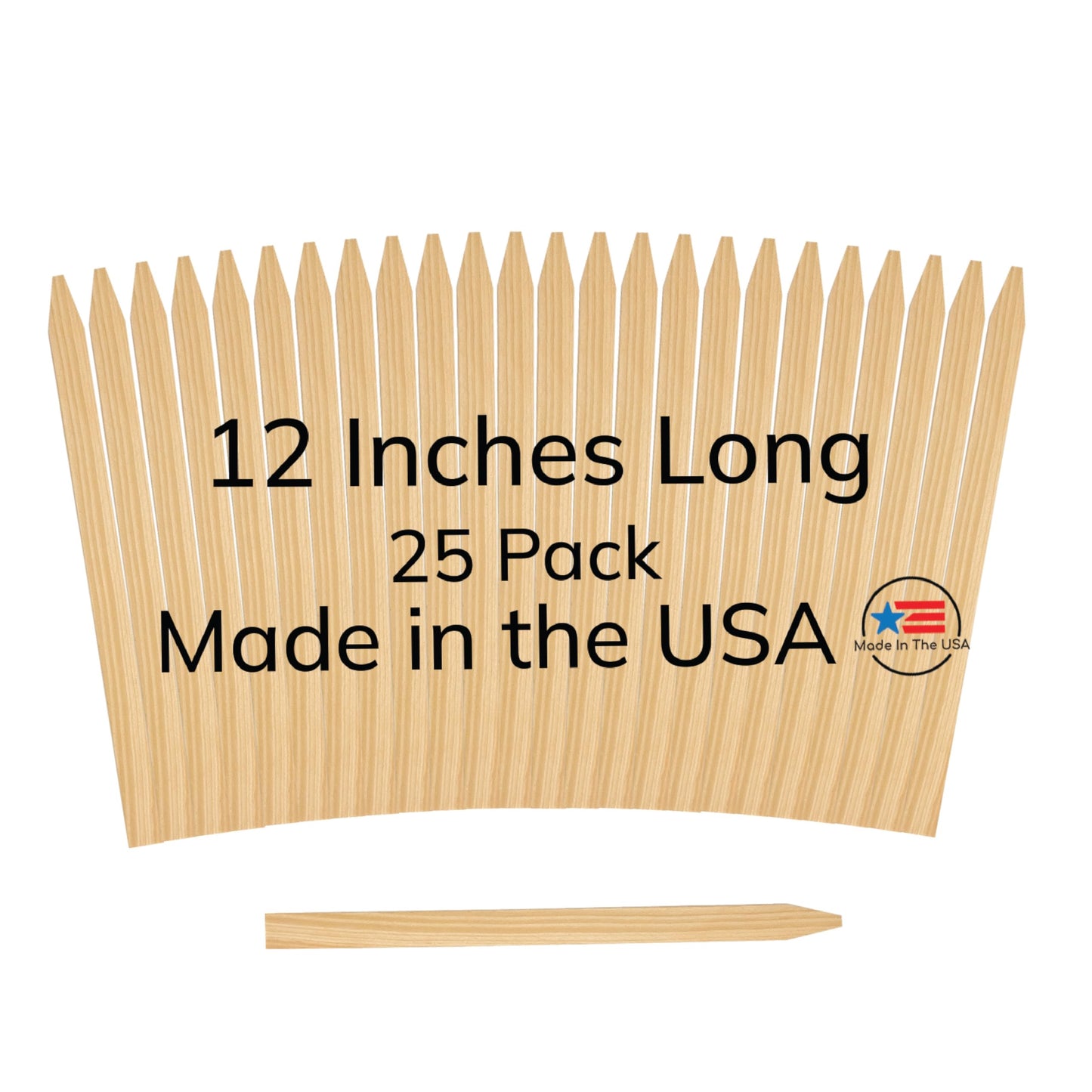 25 Pack Wooden Garden Stakes, 12" Long x 3/4" Wide, Made in USA Pine Plant Markers, Chisel Point Yard Stakes for Gardening, Row Labels, Signs & Crafts