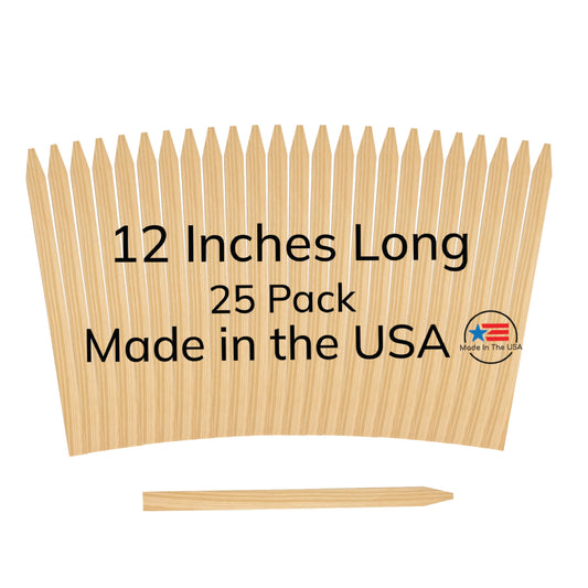25 Pack Wooden Garden Stakes, 12" Long x 3/4" Wide, Made in USA Pine Plant Markers, Chisel Point Yard Stakes for Gardening, Row Labels, Signs & Crafts
