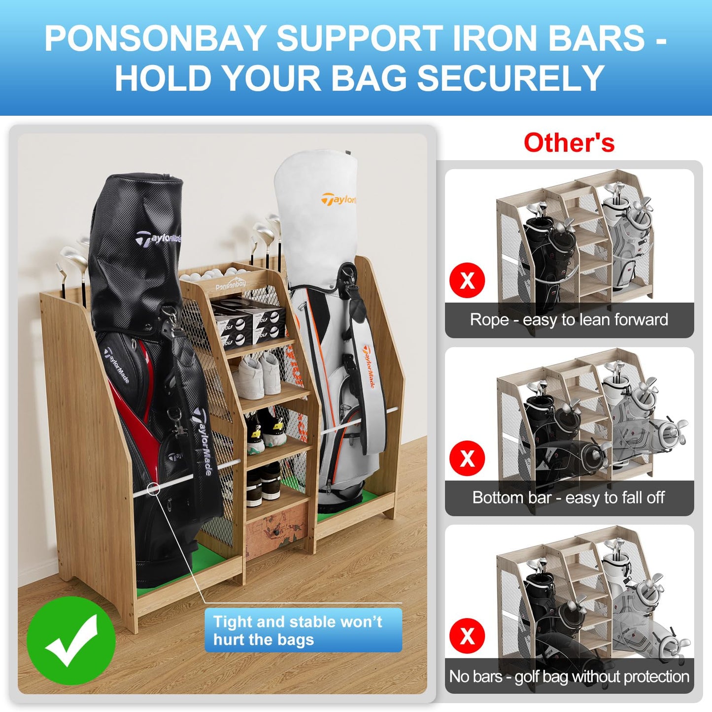 Ponsonbay Golf Bag Storage Organizer for Garage, Premium Wooden 2 Golf Bags Rack with Drawer, Easy Assemble Golf Club Stand/Holder Suitable for Garage Home Simulator and Office