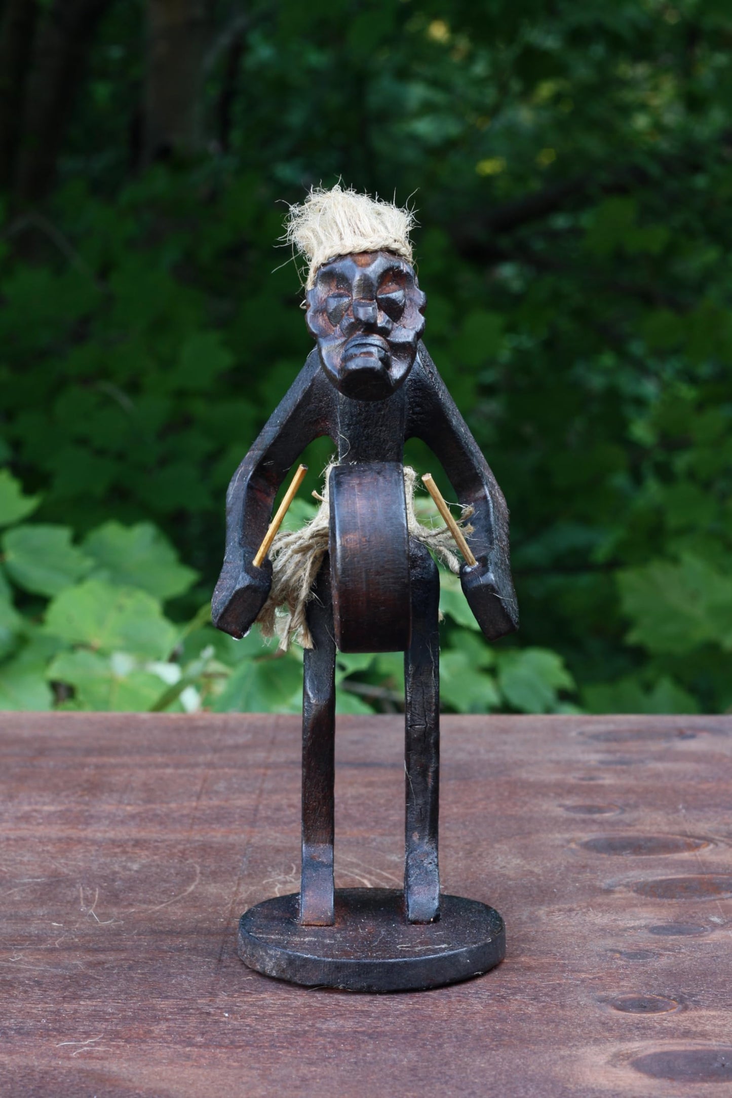 G6 Collection Wooden Handmade Primitive Tribal Statue - Hand Carved Teak Wood Tiki Playing a Bass Drum Musician Funny Sculpture - Unique Art Gift - Tropical Home Decor Accent Shelf - 8.5 inch