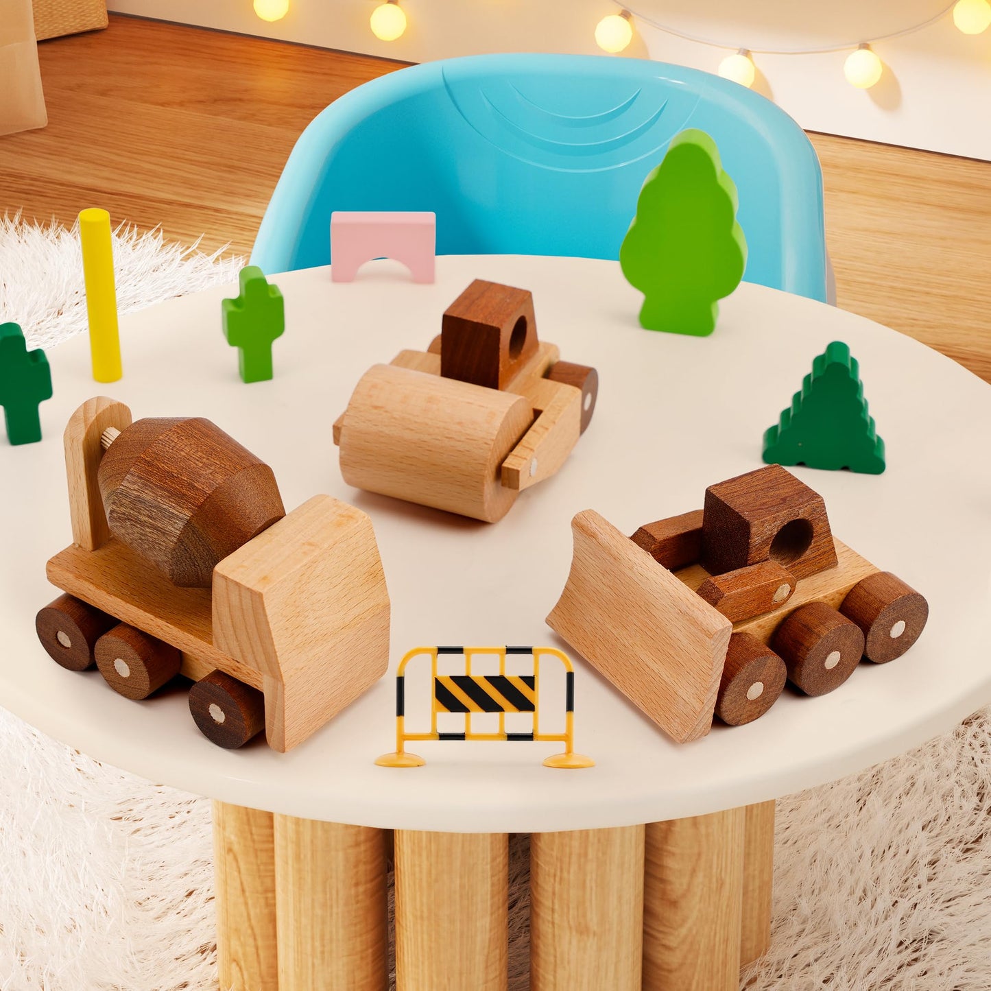 MONT PLEASANT Wooden Construction Vehicle Toy Set of 3, Toddler Montessori Toys Cement Truck Bulldozer Steam Roller Toy Car with Rolling Wheels, Kid Construction Toys Educational Gift for Boys & Girls