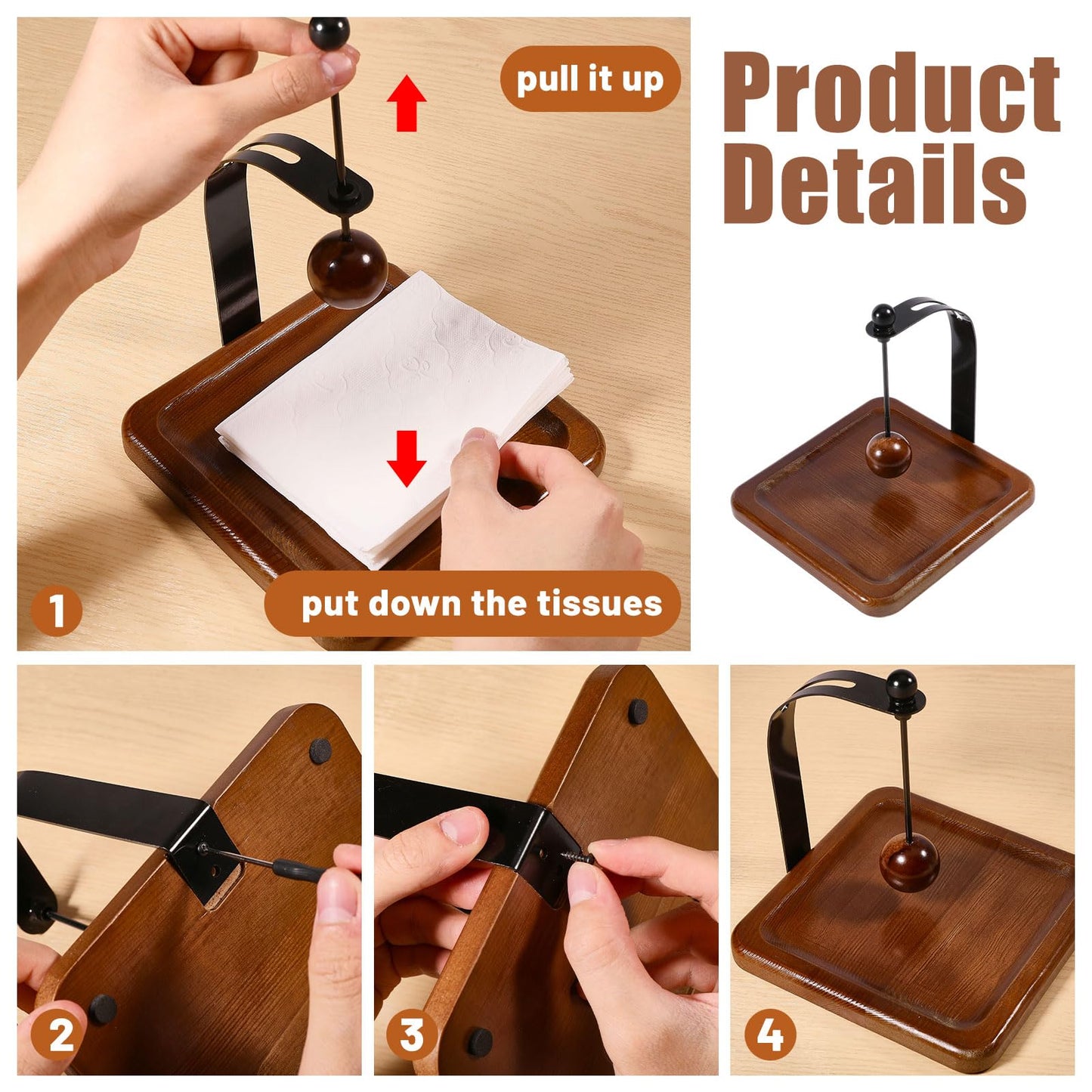 GLOBLELAND Wood Napkin Holder for Table 5.6"x5.6" Napkin Dispenser with Metal Weighted Arm Wooden Ball Square Cocktail Paper Holder for Kitchen Office Restaurant Cafe Home Decor