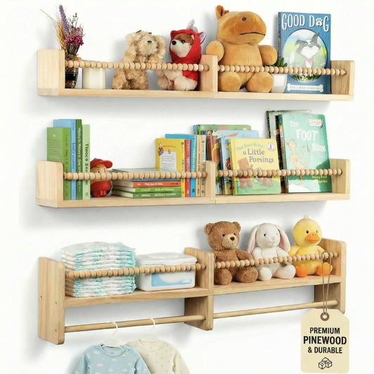 Stelzriede Nursery Shelves for Wall – Nursery Book Shelves with Hanging Rod – Set of 3 Wooden Wall-Mounted Shelves, Rounded Edges, Nursery Bookshelf for Kids Room Decor, 31.5" x 3.9" x 3.7"