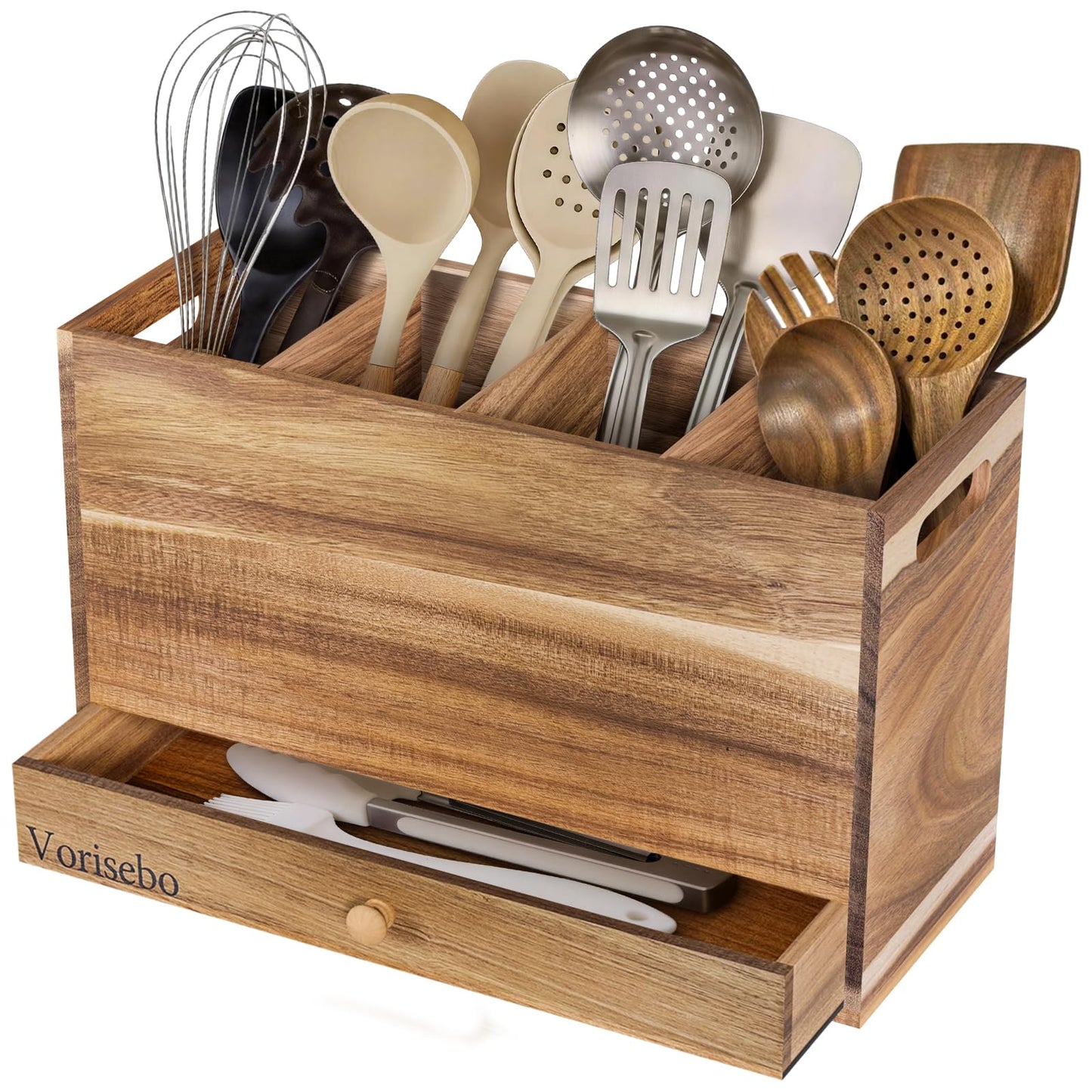 Vorisebo Acacia Wood Kitchen Utensil Holder for Countertop, Large Wooden Utensils Holder with 4 Compartment, Farmhouse Utensil Caddy with Drawer for Storage Cooking and Silverware