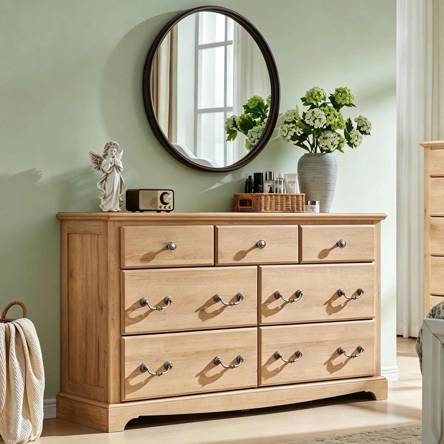 T4TREAM 54" Wide 7 Drawers Dresser Chests for Living Room, Natural Oak