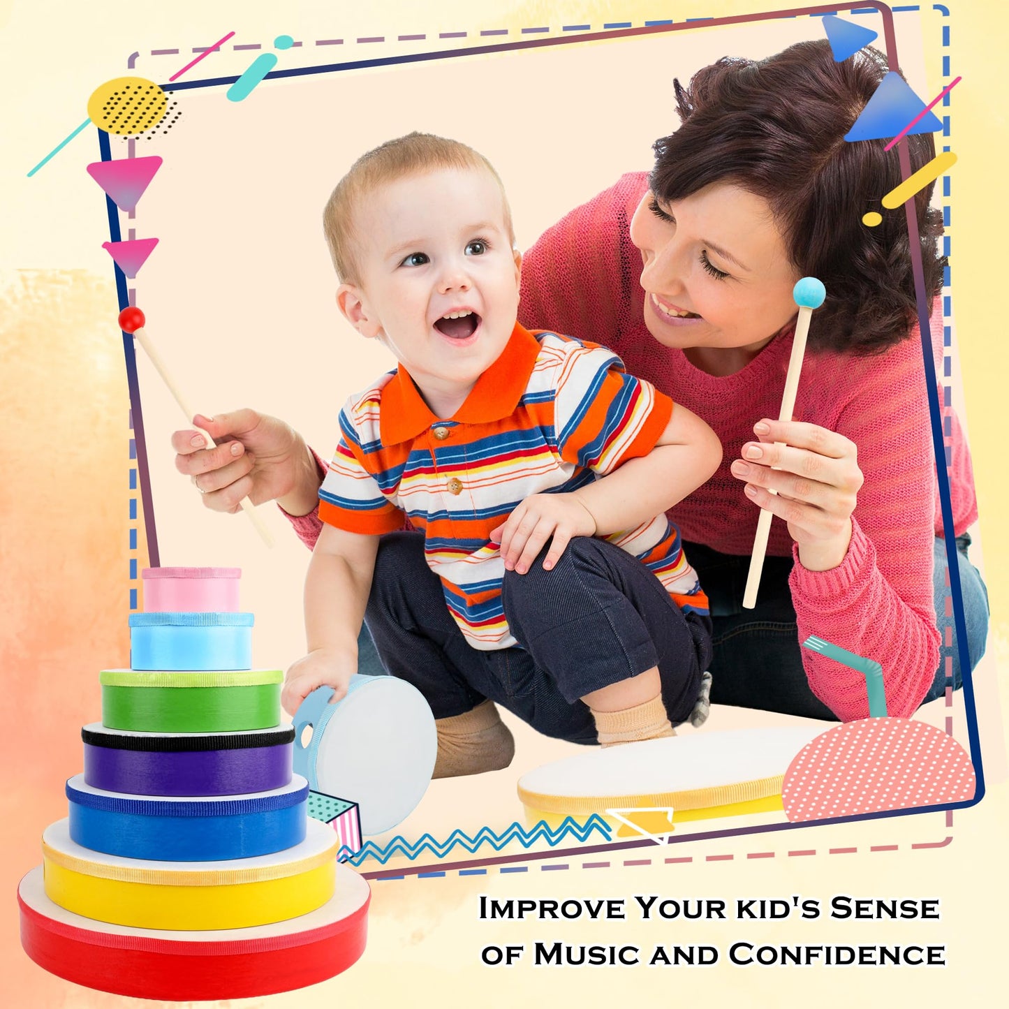 7 Pack Hand Drums Set 12 10 8 7 6 5 4 Inch Wood Frame Drum with Drumsticks Percussion Instruments for Kids Adults School Church Party Gifts