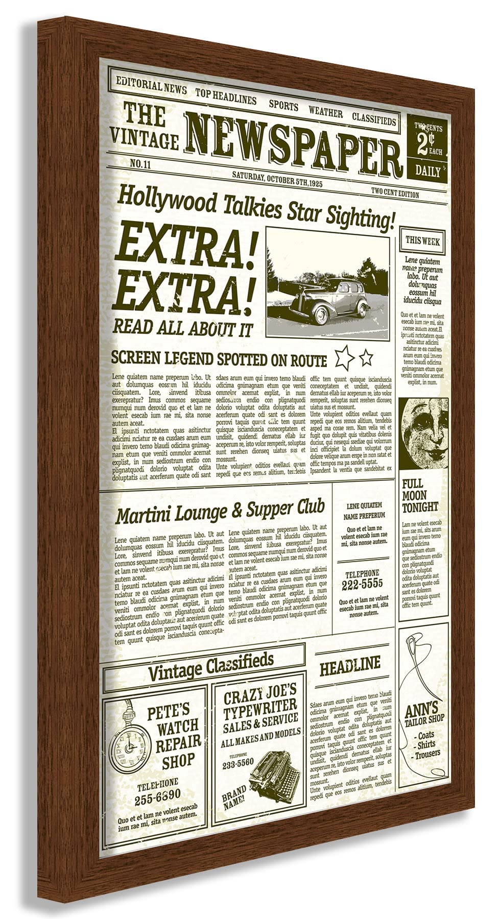 Modern Wood Newspaper Frame (Brown) Acid-Free, UV Resistant, Acrylic Plastic Front Prevents Paper from Fading Sleek Hanging Display Case for Entire Newspaper for Home or Office - 12x22.75