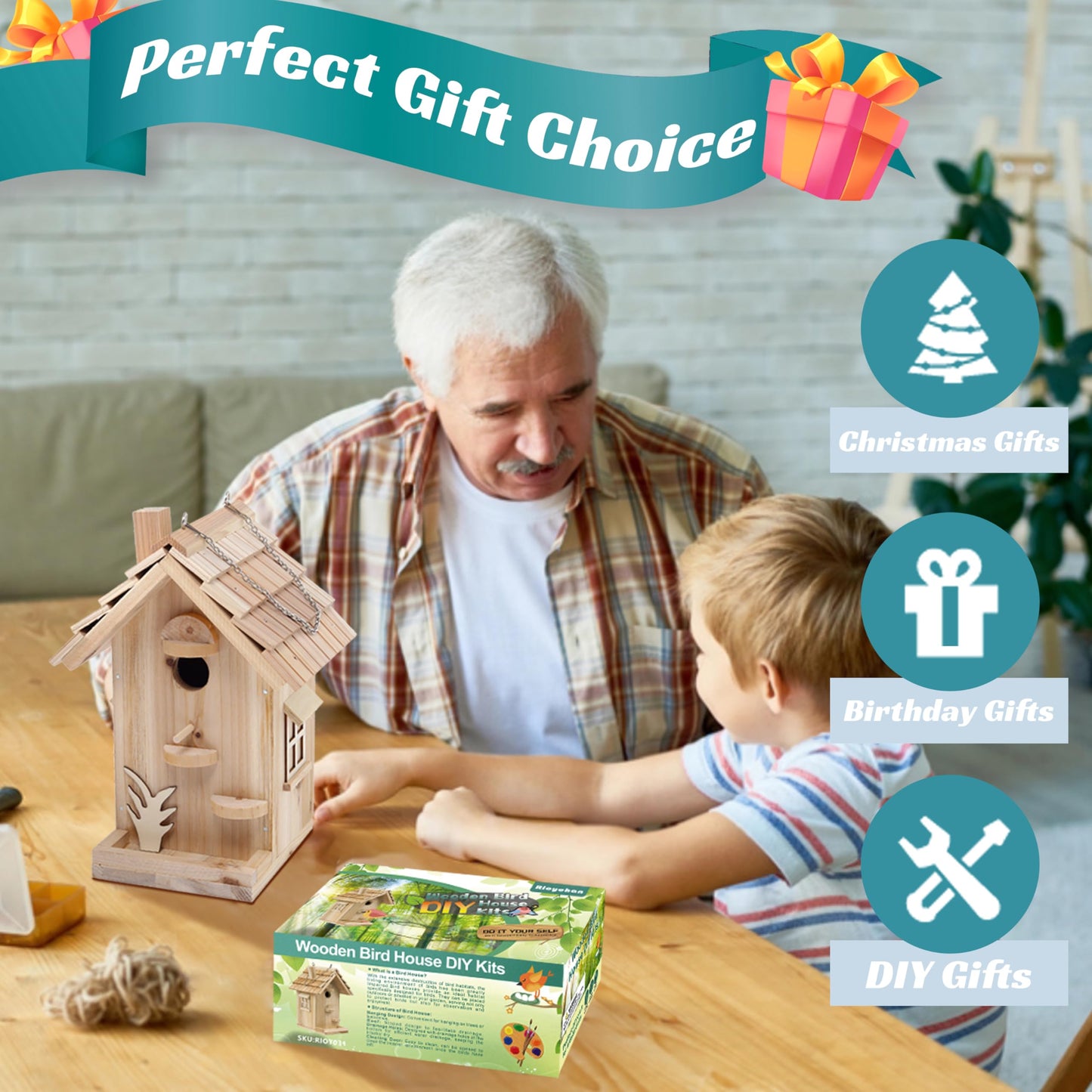 Rioychan DIY Birdhouse Building Kit for Adults, Wooden Bird Houses to Paint for Kids, Outdoor Woodworking Kits Adult Crafts for Outside(Wood, 6.5in)