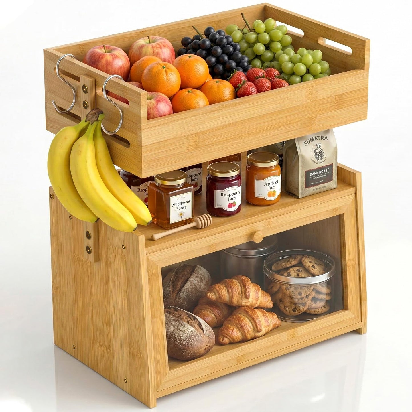 Bamboo Bread Box with Fruit Basket, 2-in-1 Kitchen Countertop Organizer