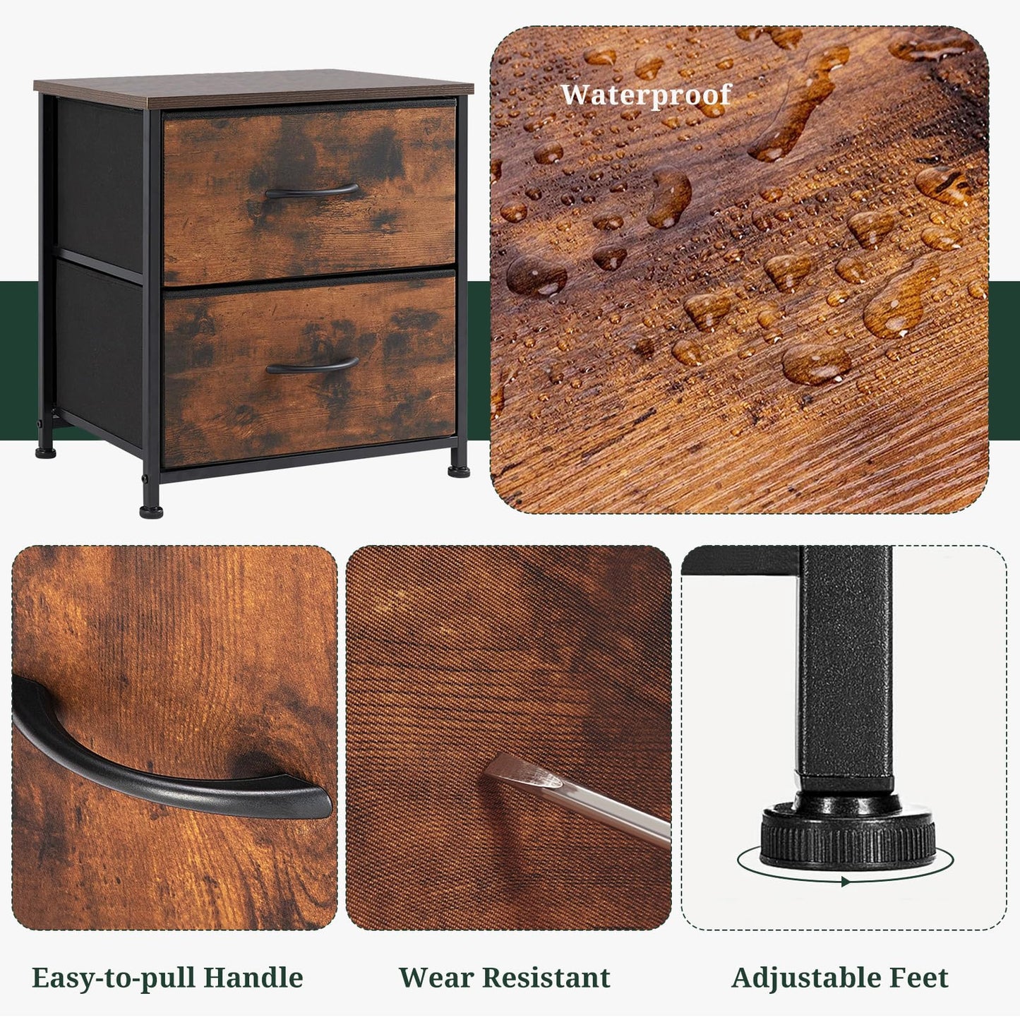 Nightstand, Small 2 Drawer Dresser End Table Bedside Furniture, Wooden Top Fabric Bins for Bedroom, Closet, Entryway, Dorm, 11.8" D x 18" W x 20", Brown