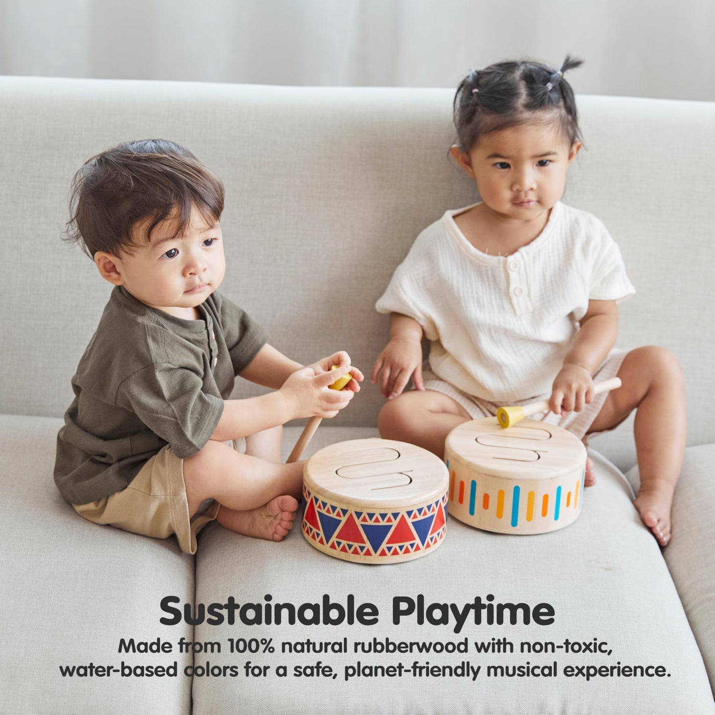PlanToys® Solid Drum Wooden Musical Toy for Toddlers | Pretend Play Instrument for Kids | Eco-Friendly Percussion Toy for Coordination, Creativity & Early Learning Development