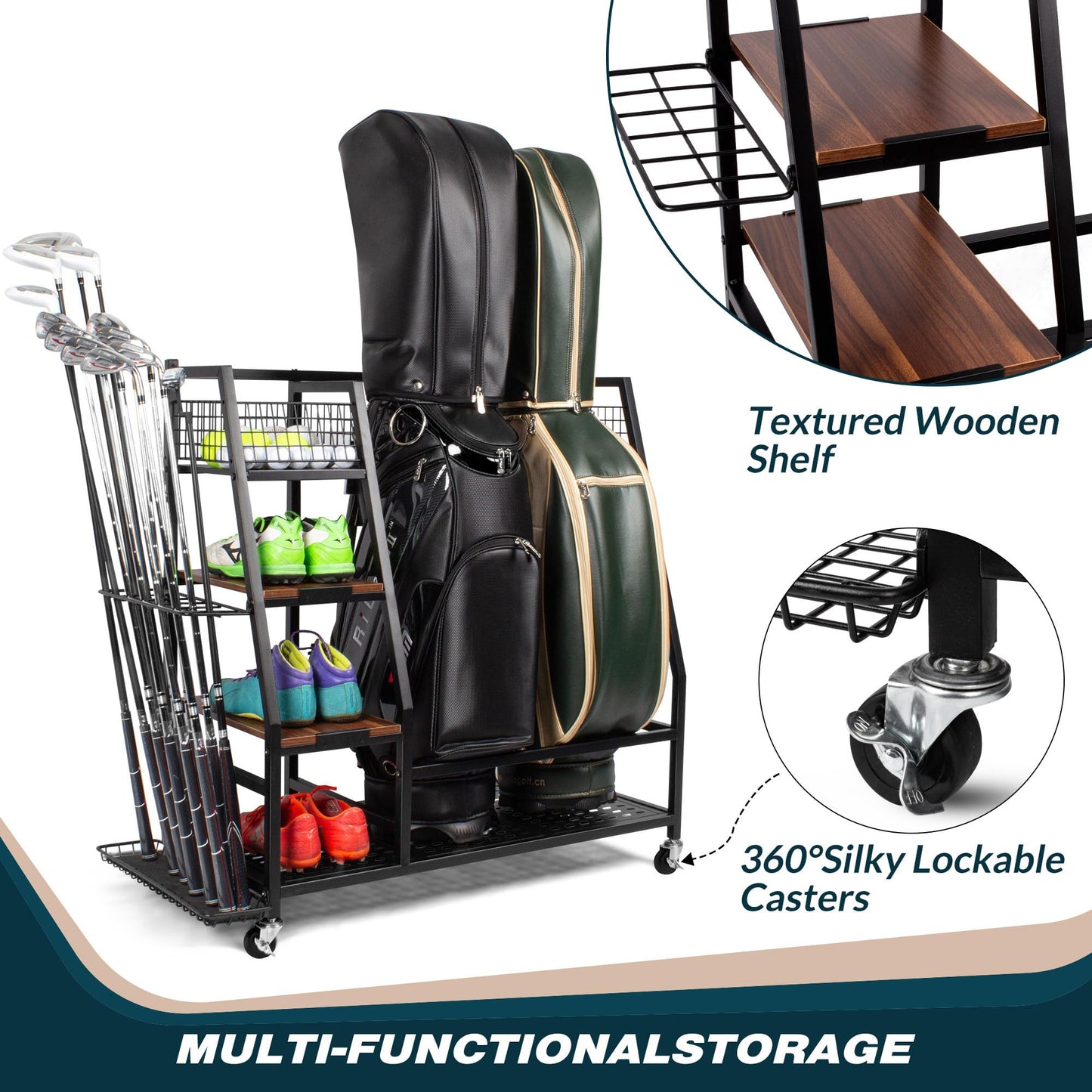 Sttoraboks 2 Golf Bags Storage Garage Organizer, Golf Bag Rack Fits 2 Golf Bags and Golf Equipment Accessories, Golf Club Storage Stand with Wooden Shelf and Lockable Wheels for Garage Indoor Basement