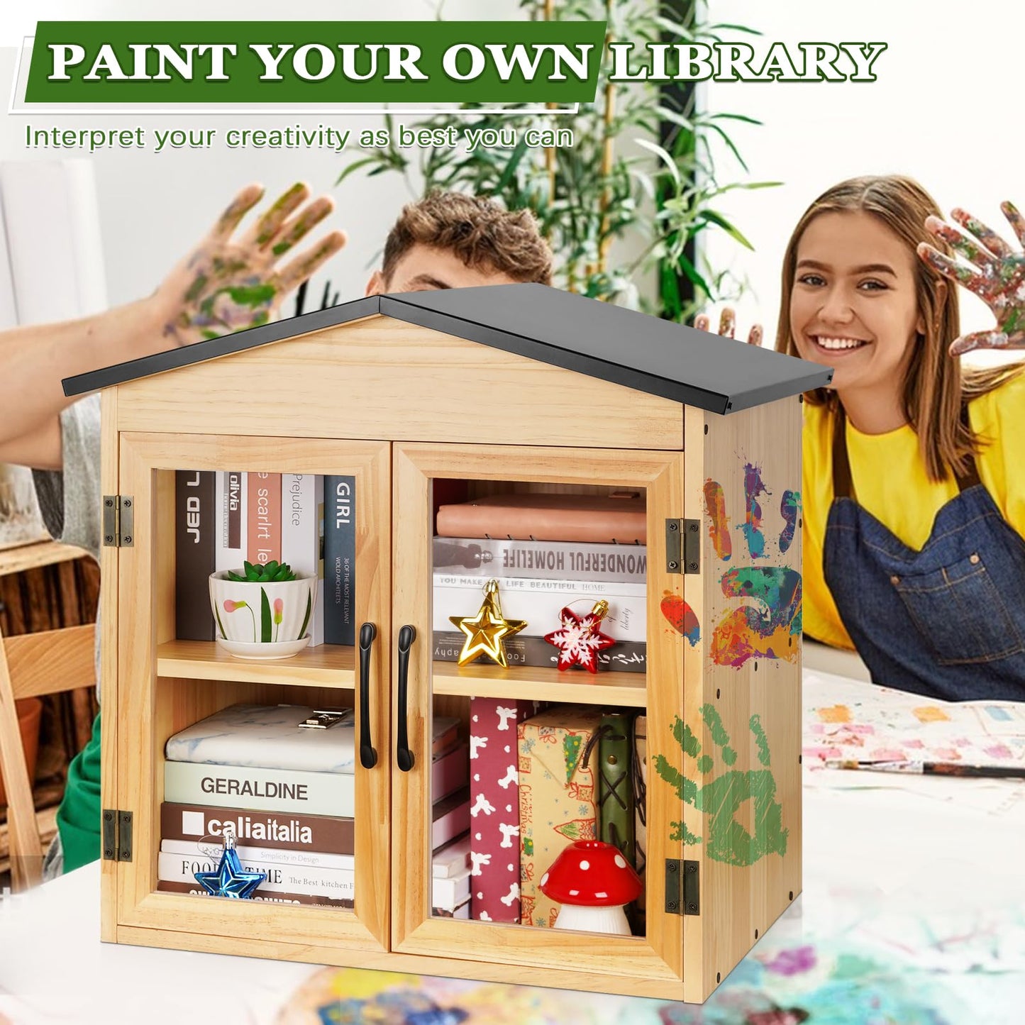 Exttlliy Outdoor Library Outdoor Book Box Storage Small Wooden Cabinet Little Literature Box for Neighborhoods Community and Schools Sharing Books, Flyers, Newspapers, Food and Art (D)